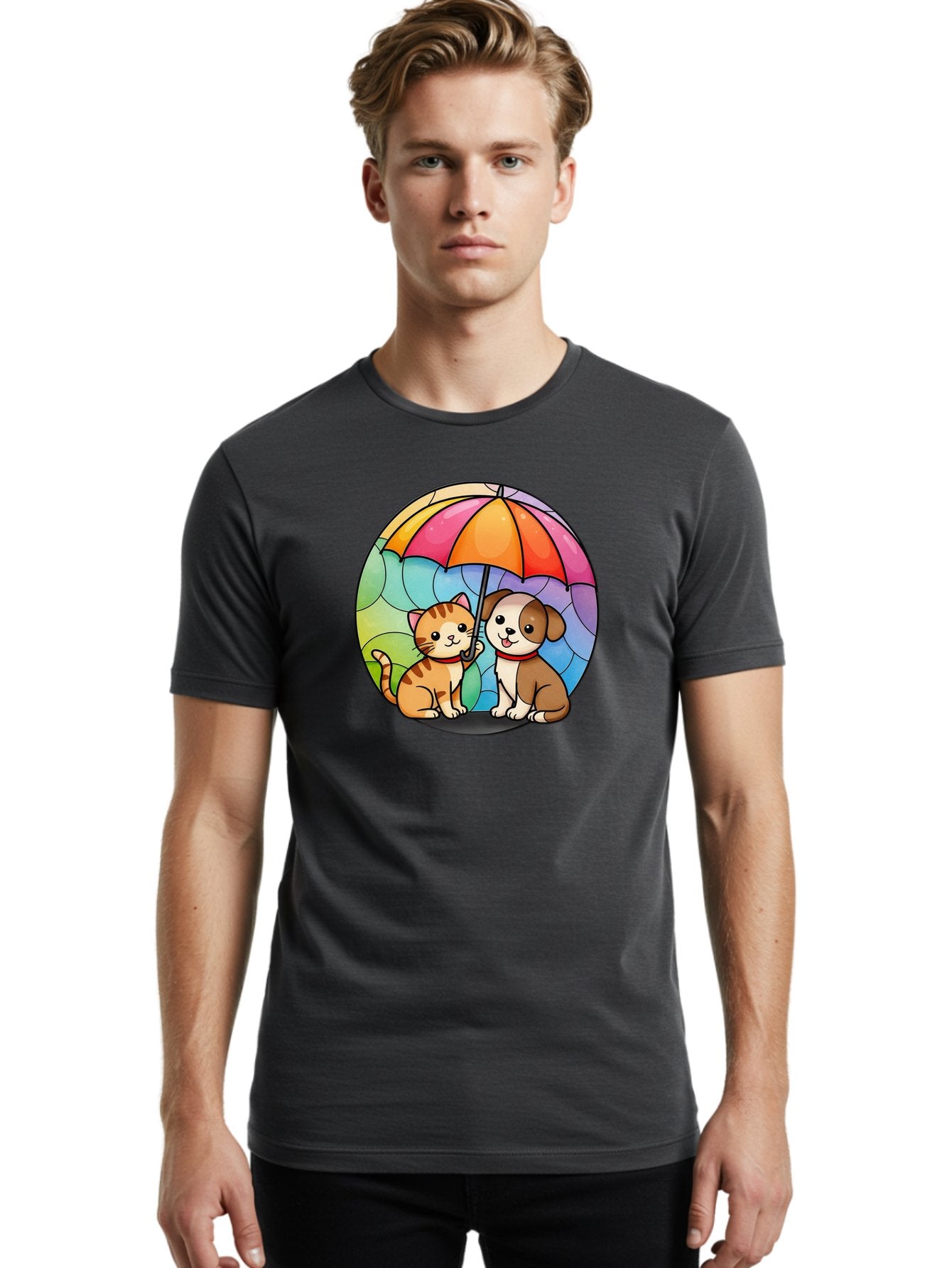 Cat-And-Dog-Under-Umbrella-6 Men'S Graphic Tee, 100% Cotton, Comfortable Casual Summer Wear, Machine Washable, Vintage Camera, Old Camera, Antique Camera, Black Camera, Classic Photography, Photography Equipment, Nostalgic Device, Film Camera, Baf720 30