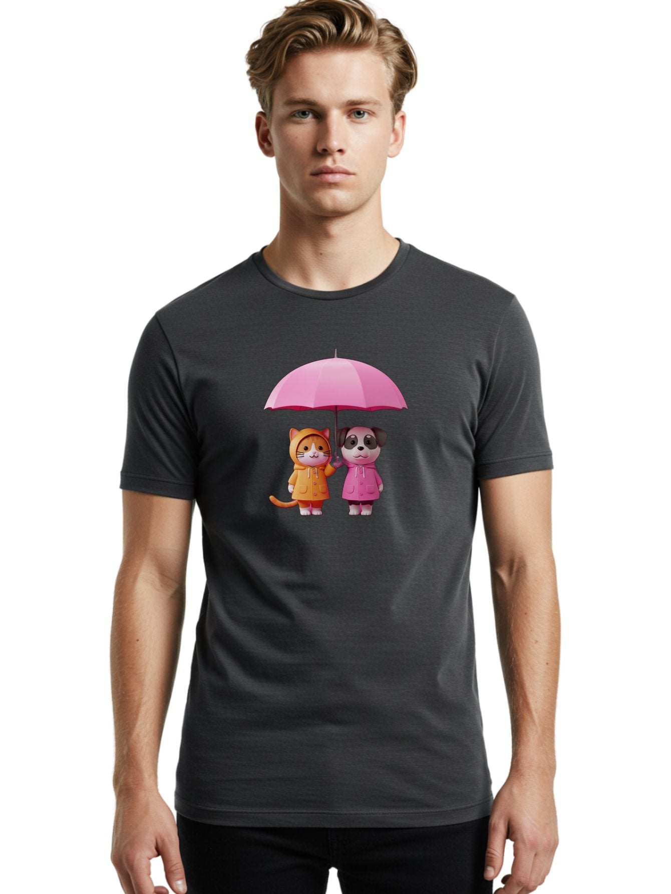 Cat-And-Pug-Under-Pink-Umbrella Men'S Graphic Tee, 100% Cotton, Comfortable Casual Summer Wear, Machine Washable, Vintage Camera, Old Camera, Antique Camera, Black Camera, Classic Photography, Photography Equipment, Nostalgic Device, Baf724 24