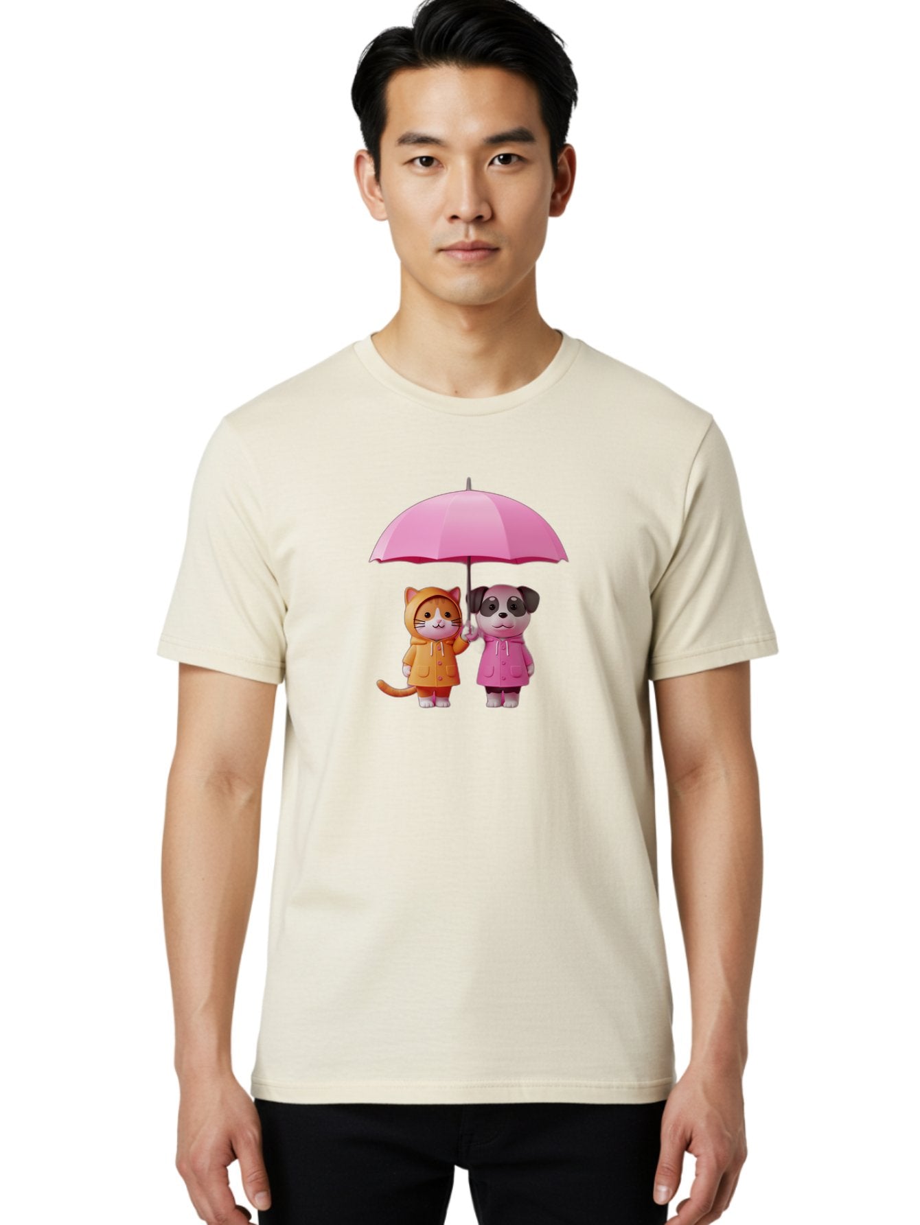 Cat-And-Pug-Under-Pink-Umbrella Men'S Graphic Tee, 100% Cotton, Comfortable Casual Summer Wear, Machine Washable, Vintage Camera, Old Camera, Antique Camera, Black Camera, Classic Photography, Photography Equipment, Nostalgic Device, Baf724 21