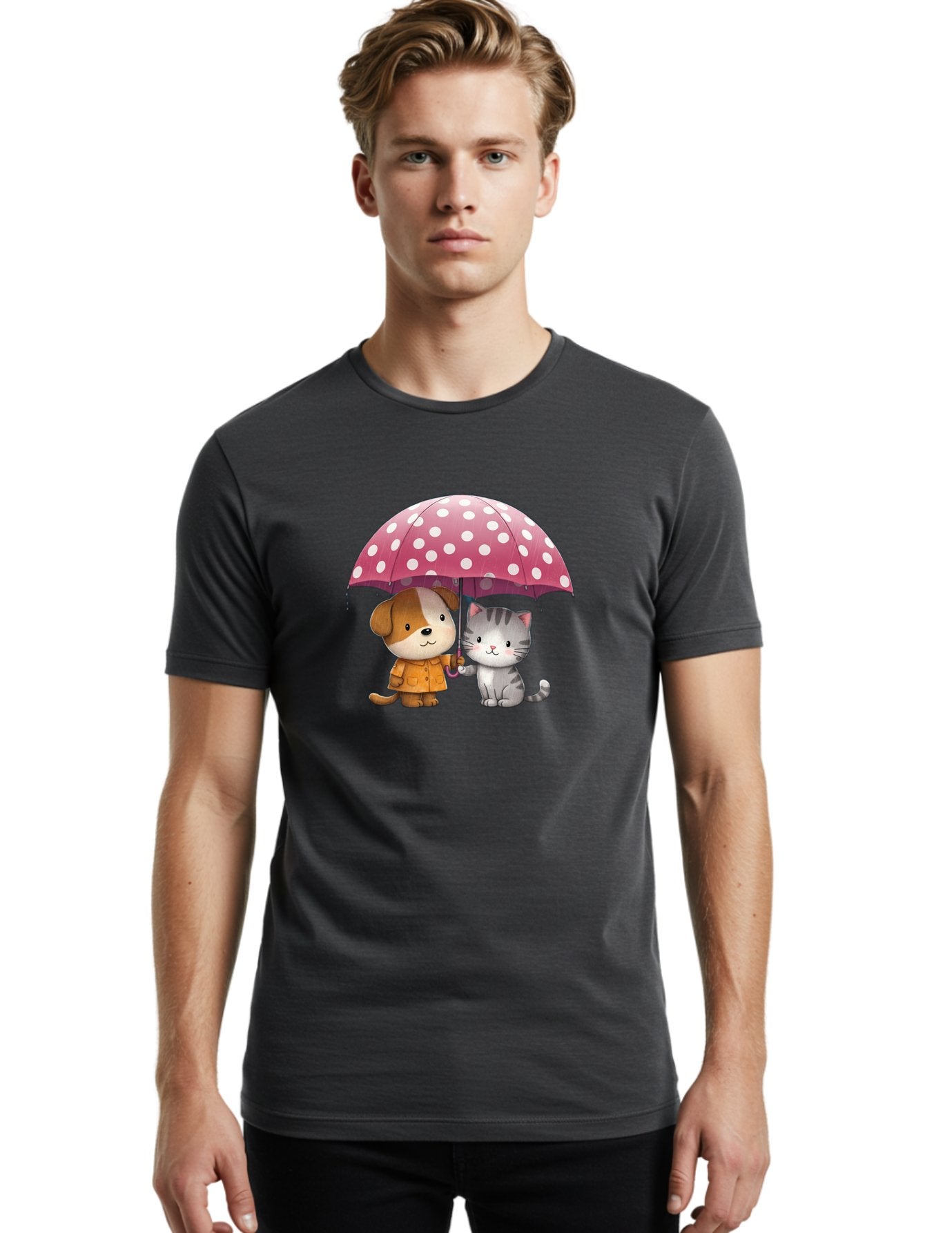 Dog-And-Cat-Under-Polka-Dot-Umbrella Men'S Graphic Tee, 100% Cotton, Comfortable Casual Summer Wear, Machine Washable, Vintage Camera, Old Camera, Antique Camera, Black Camera, Classic Photography, Photography Equipment, Nostalgic Device, Baf797 30
