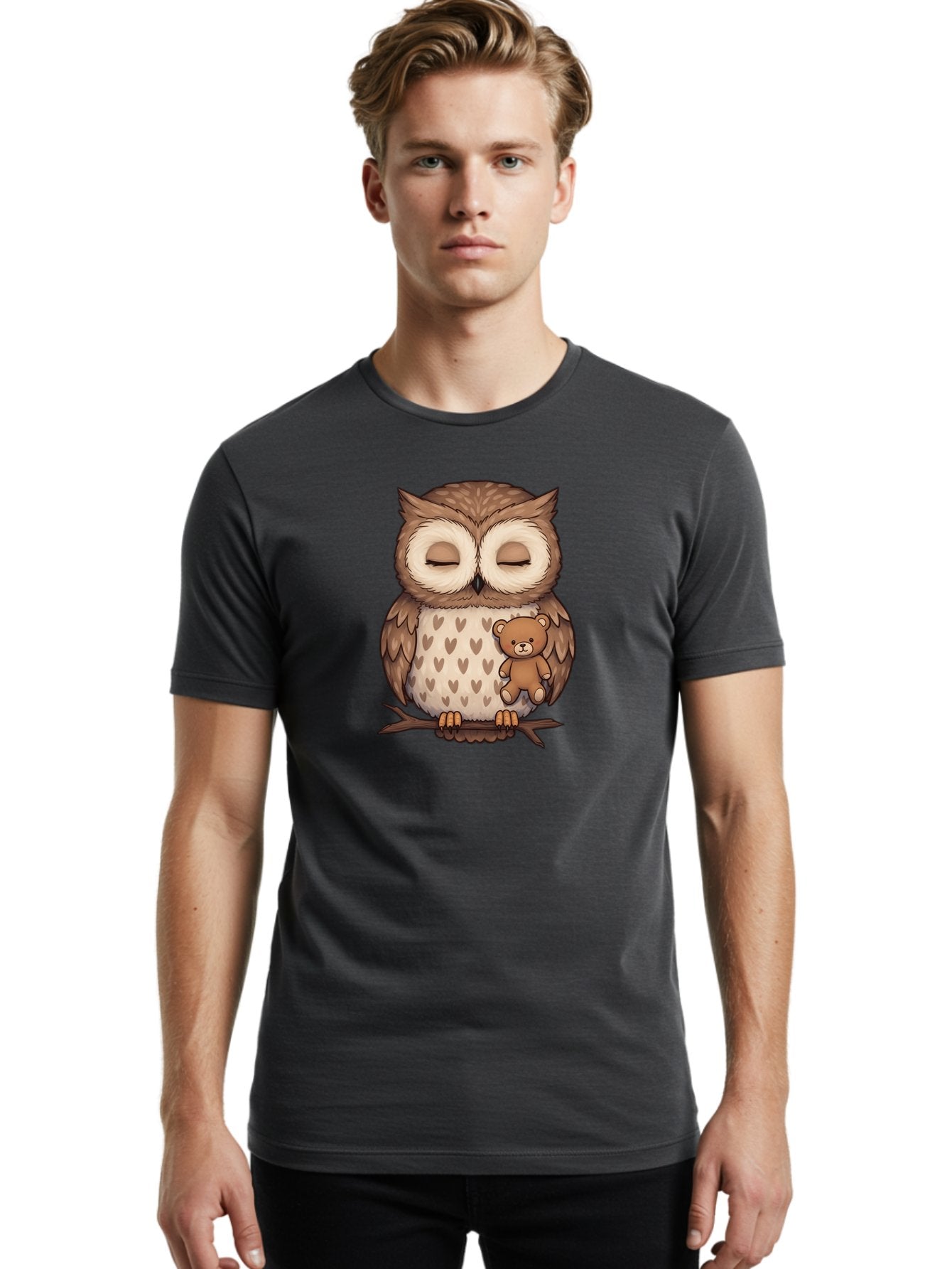 Owl-With-Teddy-2 Men'S Graphic Tee, 100% Cotton, Comfortable Casual Summer Wear, Machine Washable, Vintage Camera, Old Camera, Antique Camera, Black Camera, Classic Photography, Photography Equipment, Nostalgic Device, Film Camera, Camera Art Baf937 24