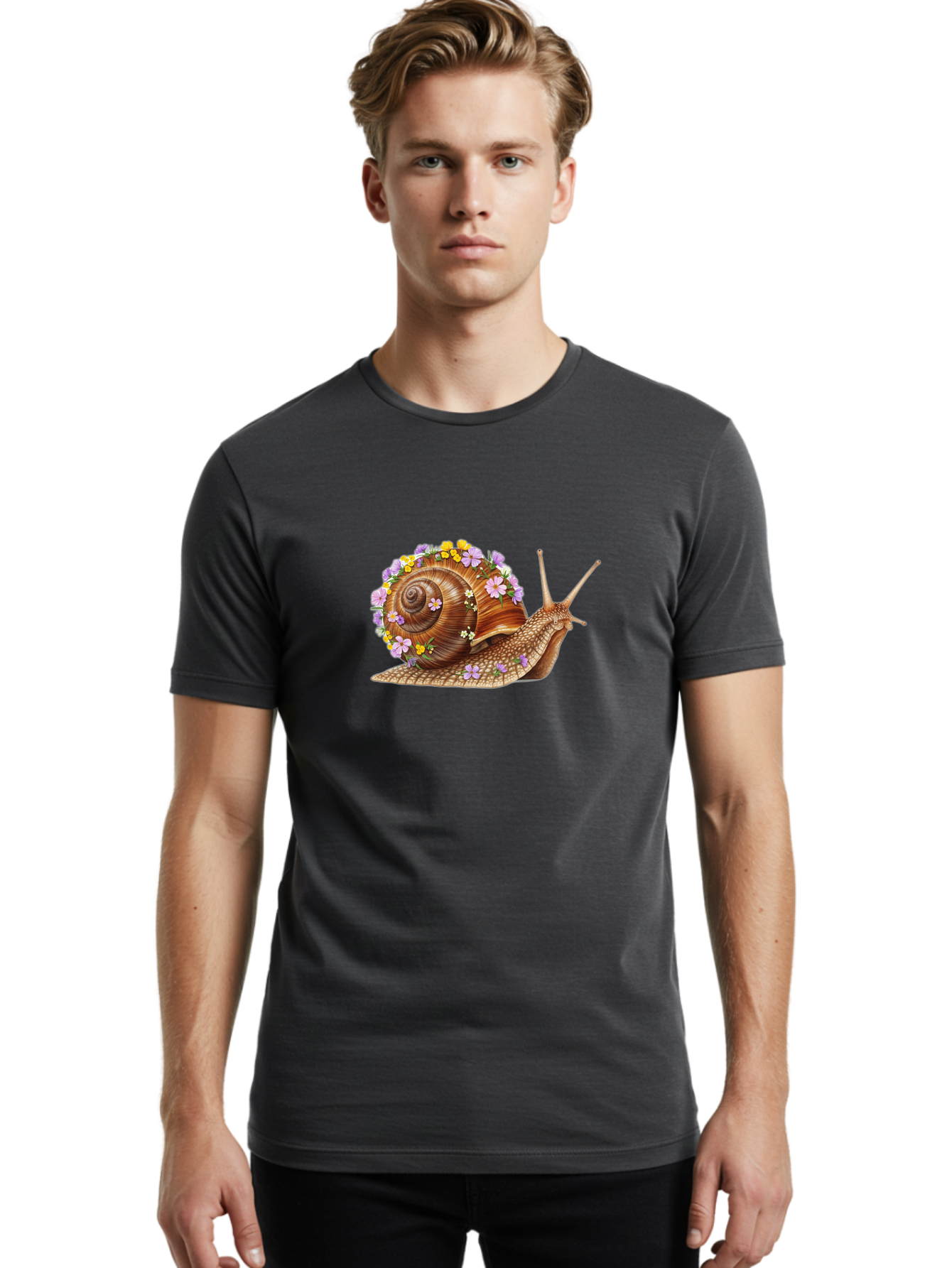 Snail-With-Flowers-2 Men'S Graphic Tee, 100% Cotton, Comfortable Casual Summer Wear, Machine Washable, Vintage Camera, Old Camera, Antique Camera, Black Camera, Classic Photography, Photography Equipment, Nostalgic Device, Film Camera, Bag021 24