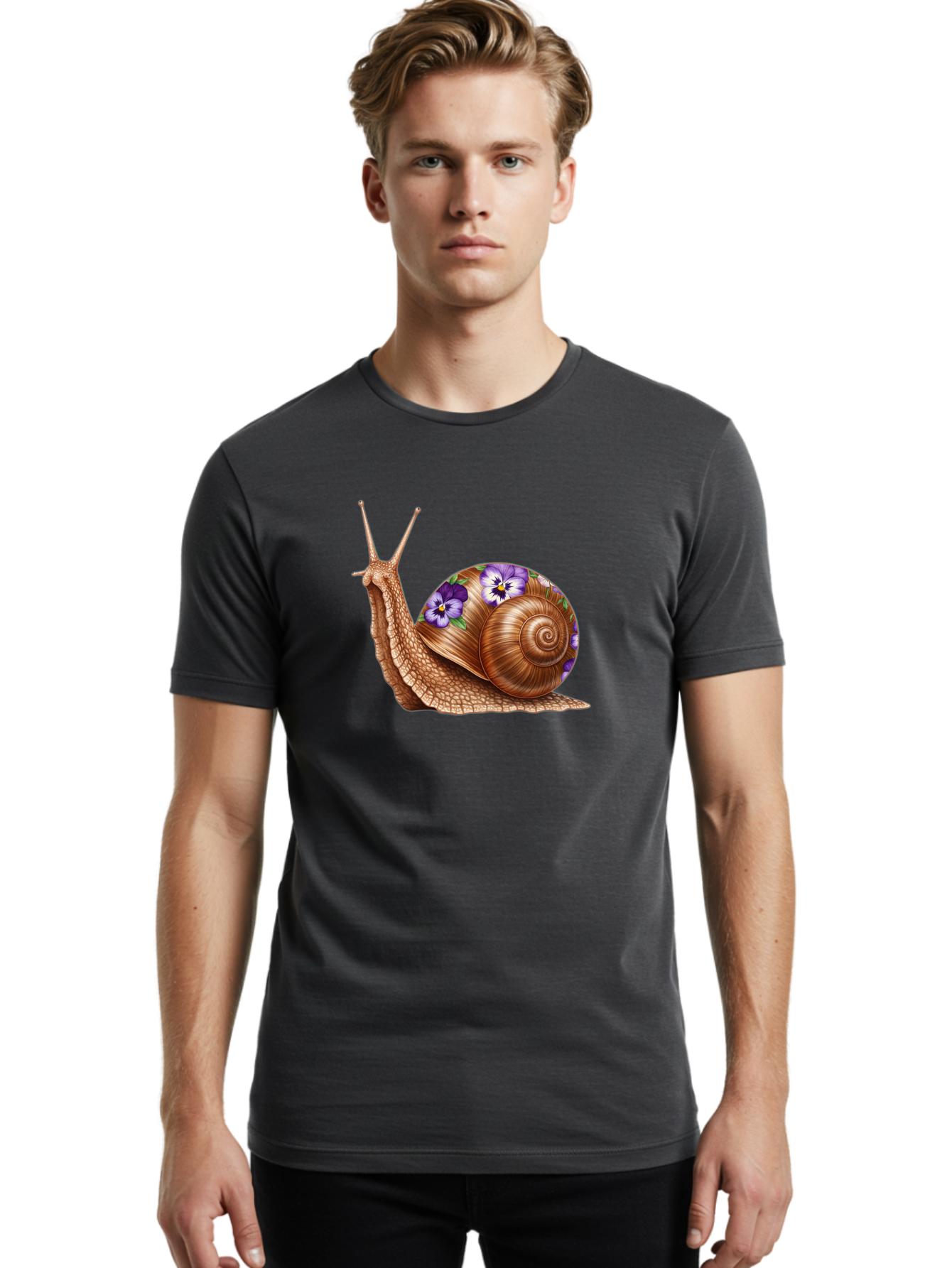 Snail-With-Purple-Flowers-1 Men'S Graphic Tee, 100% Cotton, Comfortable Casual Summer Wear, Machine Washable, Vintage Camera, Old Camera, Antique Camera, Black Camera, Classic Photography, Photography Equipment, Nostalgic Device, Film Camera, Bag025 26