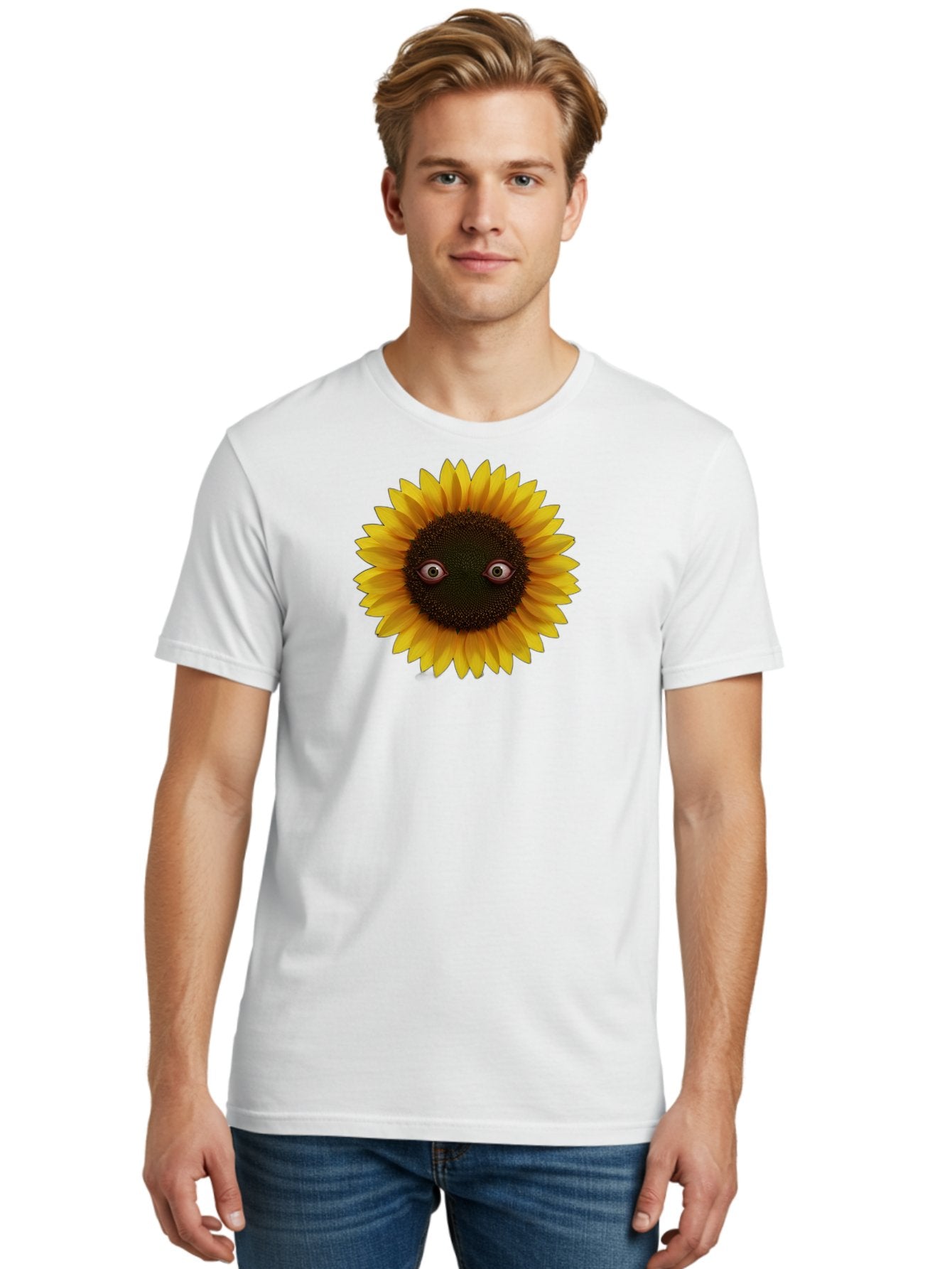Sunflower-With-Eyes-2 Men'S Graphic Tee, 100% Cotton, Comfortable Casual Summer Wear, Machine Washable, Vintage Camera, Old Camera, Antique Camera, Black Camera, Classic Photography, Photography Equipment, Nostalgic Device, Film Camera, Bag042 23