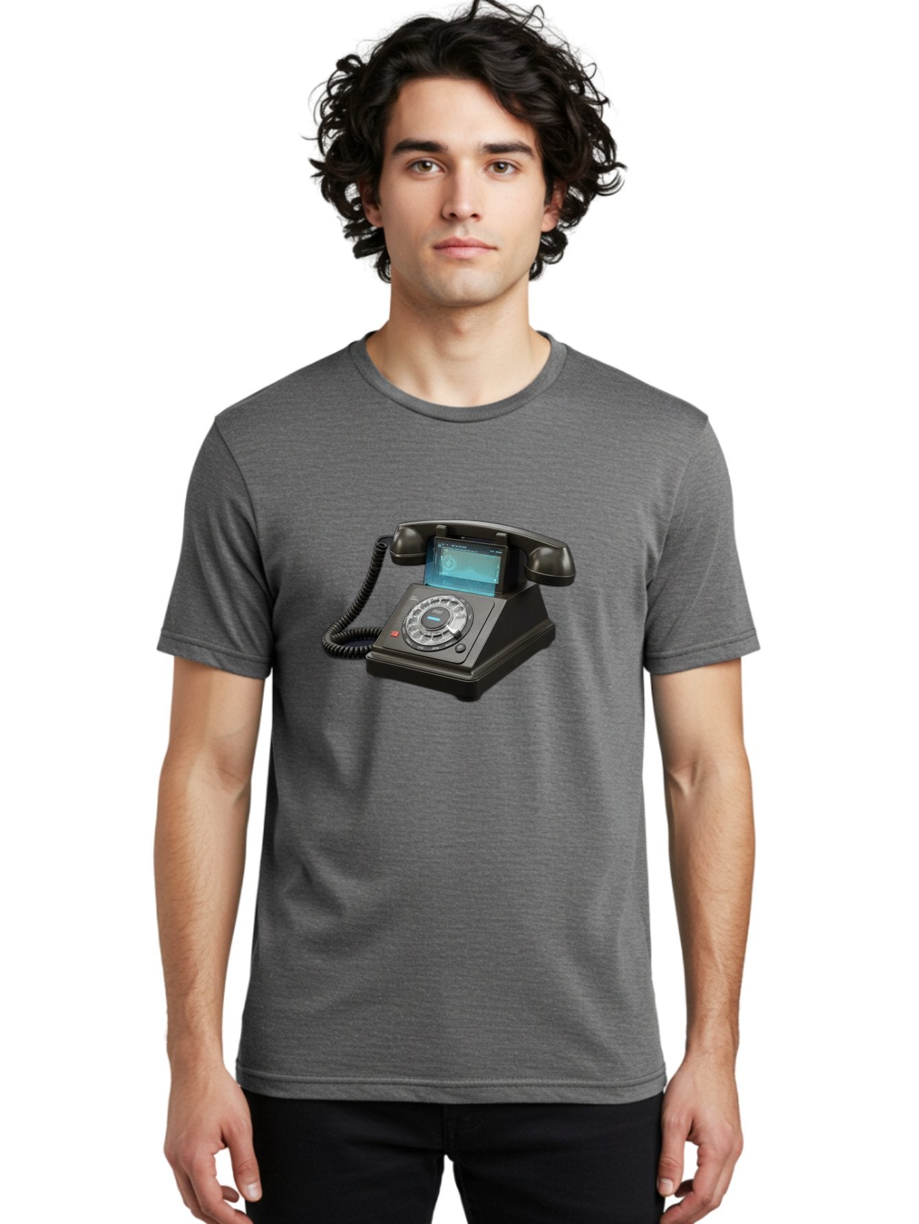 Black-Rotary-Phone-With-Lcd-Screen Men'S Graphic Tee, 100% Cotton, Comfortable Casual Summer Wear, Machine Washable, Vintage Camera, Old Camera, Antique Camera, Black Camera, Classic Photography, Photography Equipment, Nostalgic Device, Bag182 20