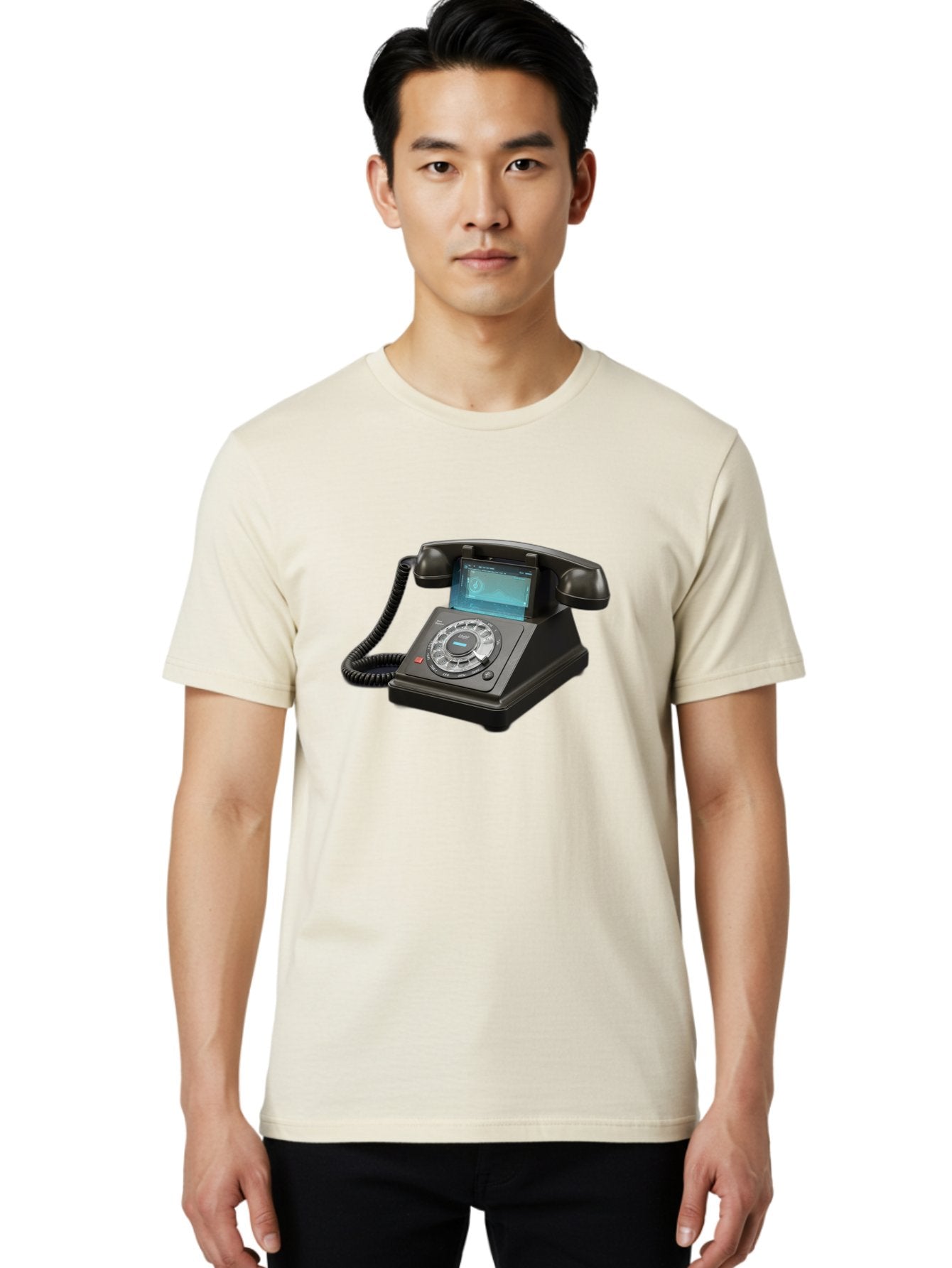 Black-Rotary-Phone-With-Lcd-Screen Men'S Graphic Tee, 100% Cotton, Comfortable Casual Summer Wear, Machine Washable, Vintage Camera, Old Camera, Antique Camera, Black Camera, Classic Photography, Photography Equipment, Nostalgic Device, Bag182 30