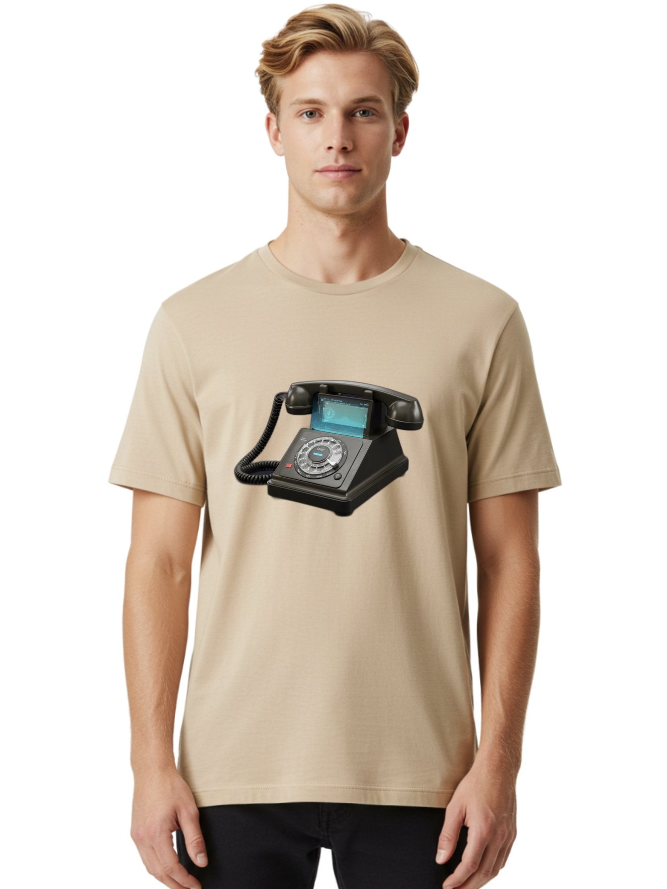 Black-Rotary-Phone-With-Lcd-Screen Men'S Graphic Tee, 100% Cotton, Comfortable Casual Summer Wear, Machine Washable, Vintage Camera, Old Camera, Antique Camera, Black Camera, Classic Photography, Photography Equipment, Nostalgic Device, Bag182 17