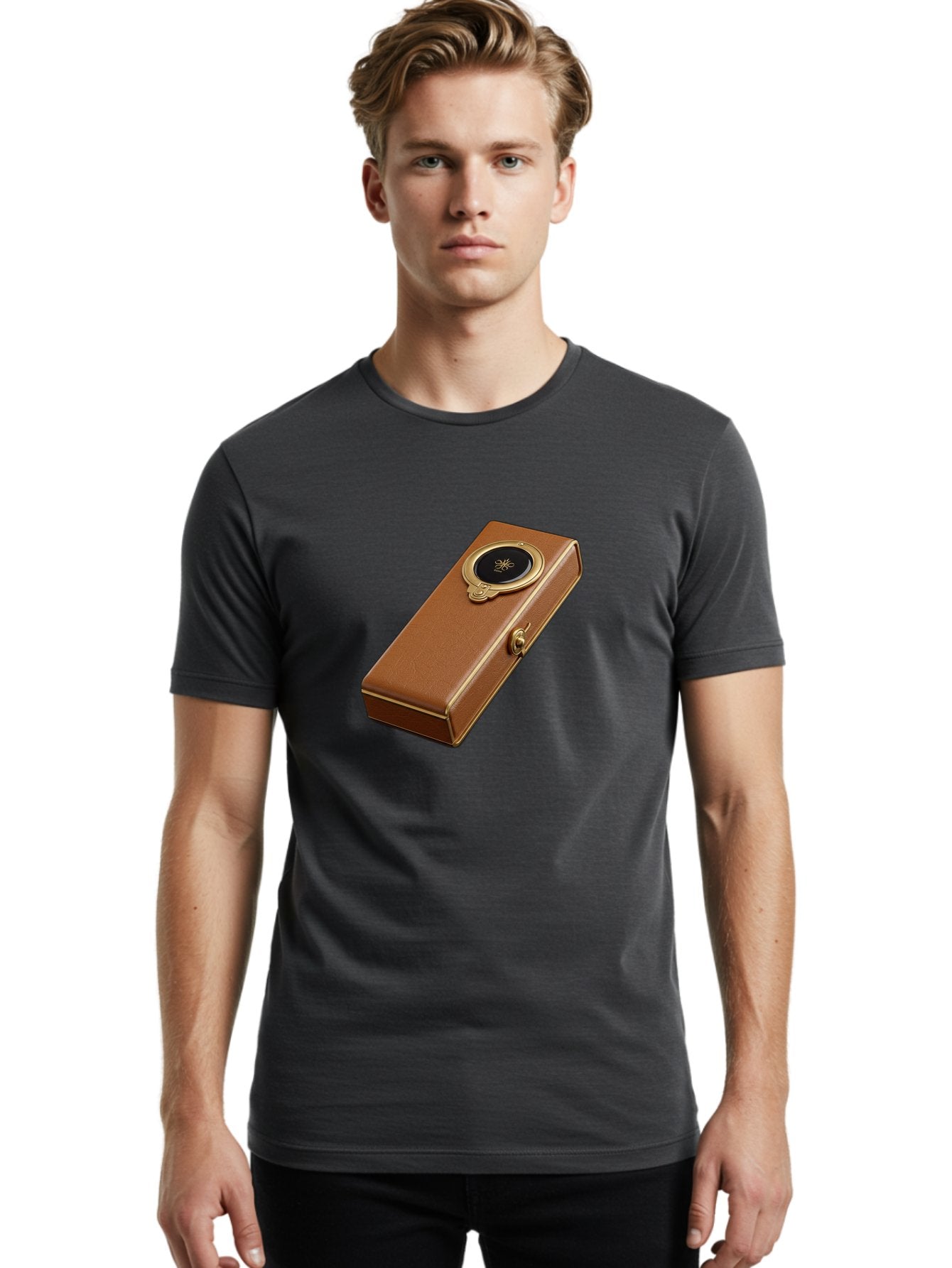 Brown-Leather-Box Men'S Graphic Tee, 100% Cotton, Comfortable Casual Summer Wear, Machine Washable, Vintage Camera, Old Camera, Antique Camera, Black Camera, Classic Photography, Photography Equipment, Nostalgic Device, Film Camera, Camera Art Bag217 19