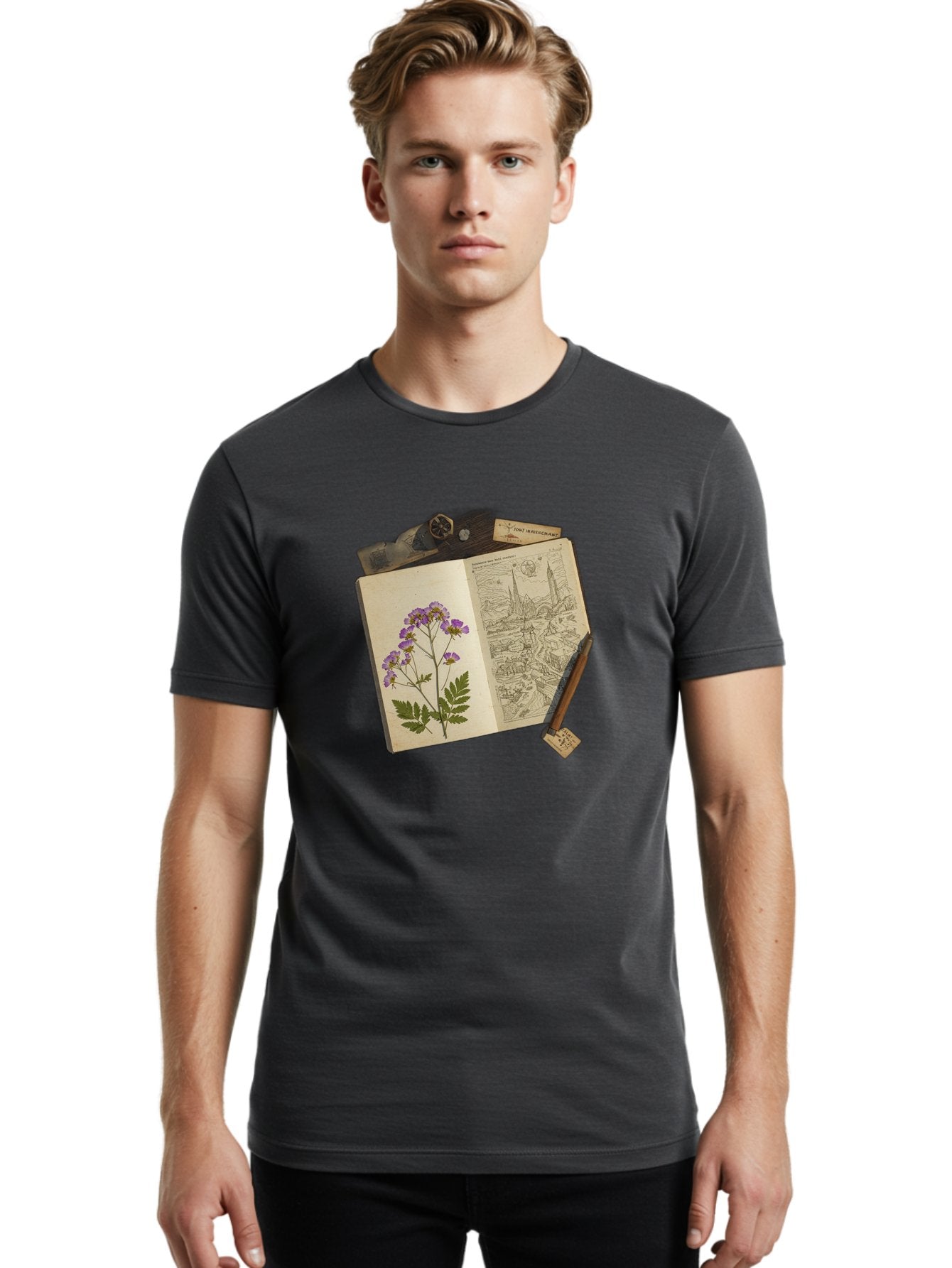 Flora-Illustration-Book Men'S Graphic Tee, 100% Cotton, Comfortable Casual Summer Wear, Machine Washable, Vintage Camera, Old Camera, Antique Camera, Black Camera, Classic Photography, Photography Equipment, Nostalgic Device, Film Camera, Bag455 25