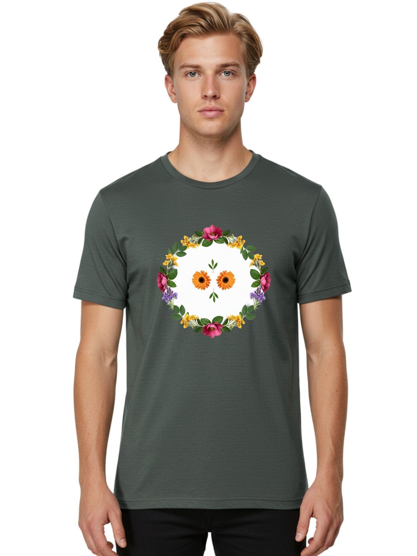 Floral-Wreath Men'S Graphic Tee, 100% Cotton, Comfortable Casual Summer Wear, Machine Washable, Vintage Camera, Old Camera, Antique Camera, Black Camera, Classic Photography, Photography Equipment, Nostalgic Device, Film Camera, Camera Art Bag468 17