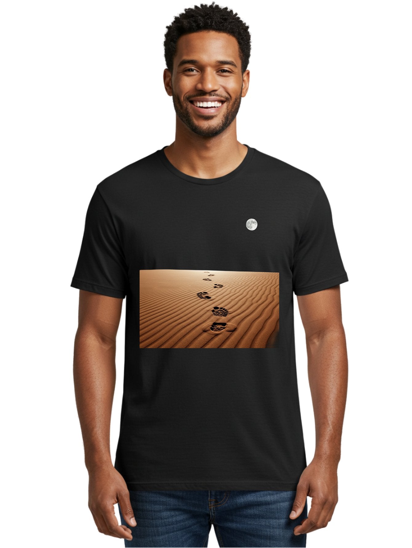 Footprints-In-Sand-Under-Moon Men'S Graphic Tee, 100% Cotton, Comfortable Casual Summer Wear, Machine Washable, Vintage Camera, Old Camera, Antique Camera, Black Camera, Classic Photography, Photography Equipment, Nostalgic Device, Bag487 19