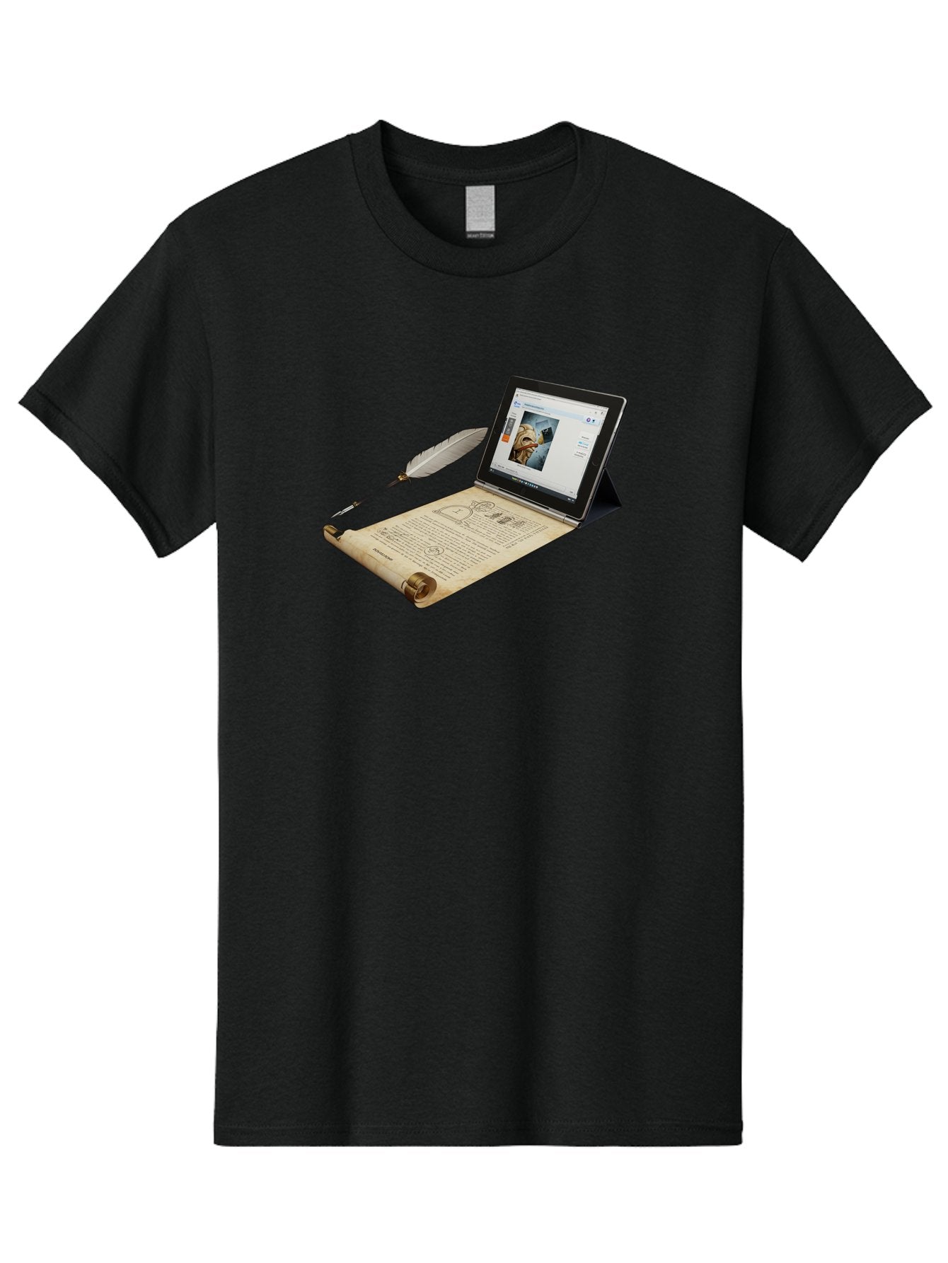 Laptop-Emerging-From-Scroll-With-Quill-Pen Men'S Graphic Tee, 100% Cotton, Comfortable Casual Summer Wear, Machine Washable, Vintage Camera, Old Camera, Antique Camera, Black Camera, Classic Photography, Photography Equipment, Bag679 7