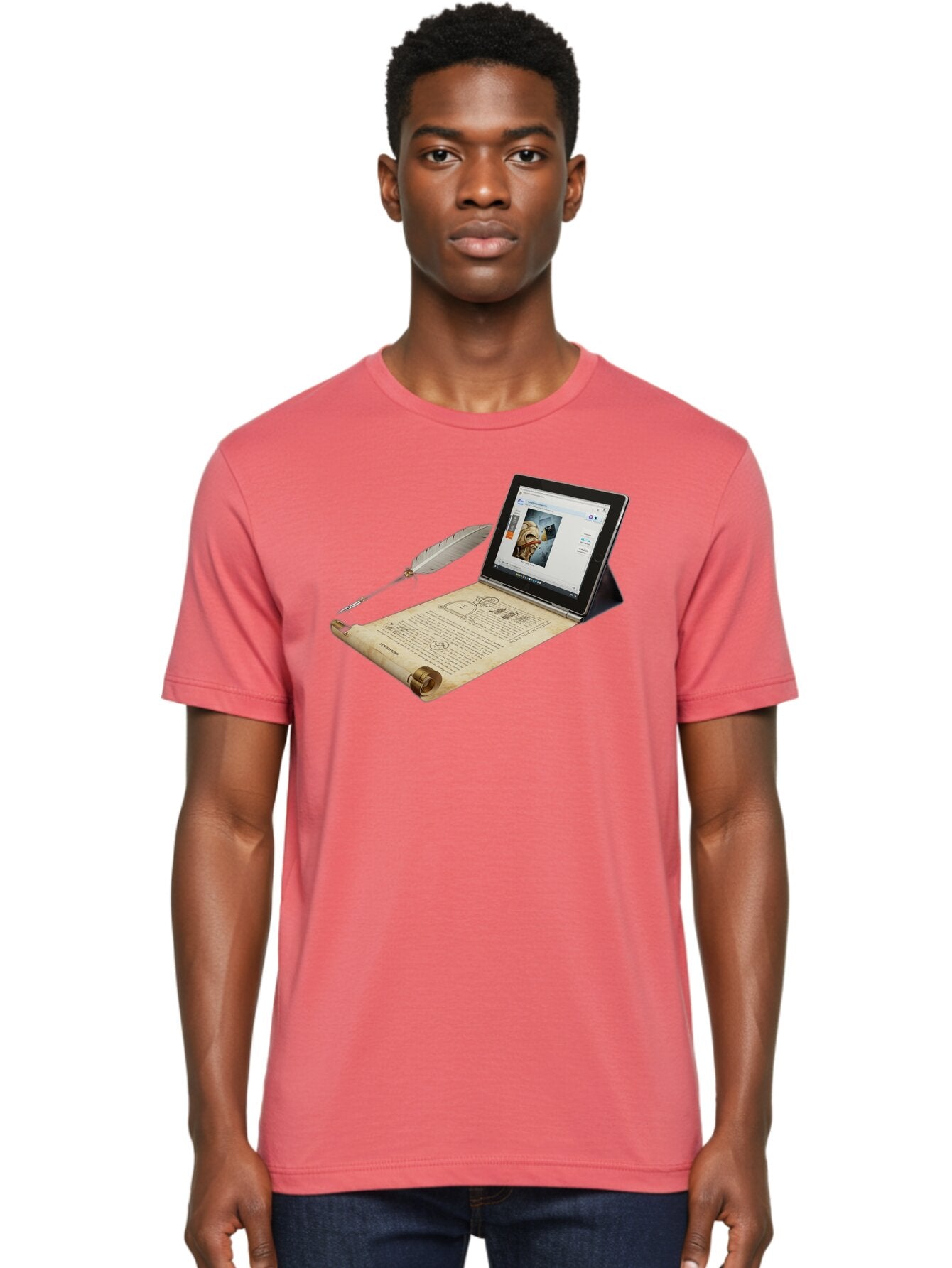 Laptop-Emerging-From-Scroll-With-Quill-Pen Men'S Graphic Tee, 100% Cotton, Comfortable Casual Summer Wear, Machine Washable, Vintage Camera, Old Camera, Antique Camera, Black Camera, Classic Photography, Photography Equipment, Bag679 17