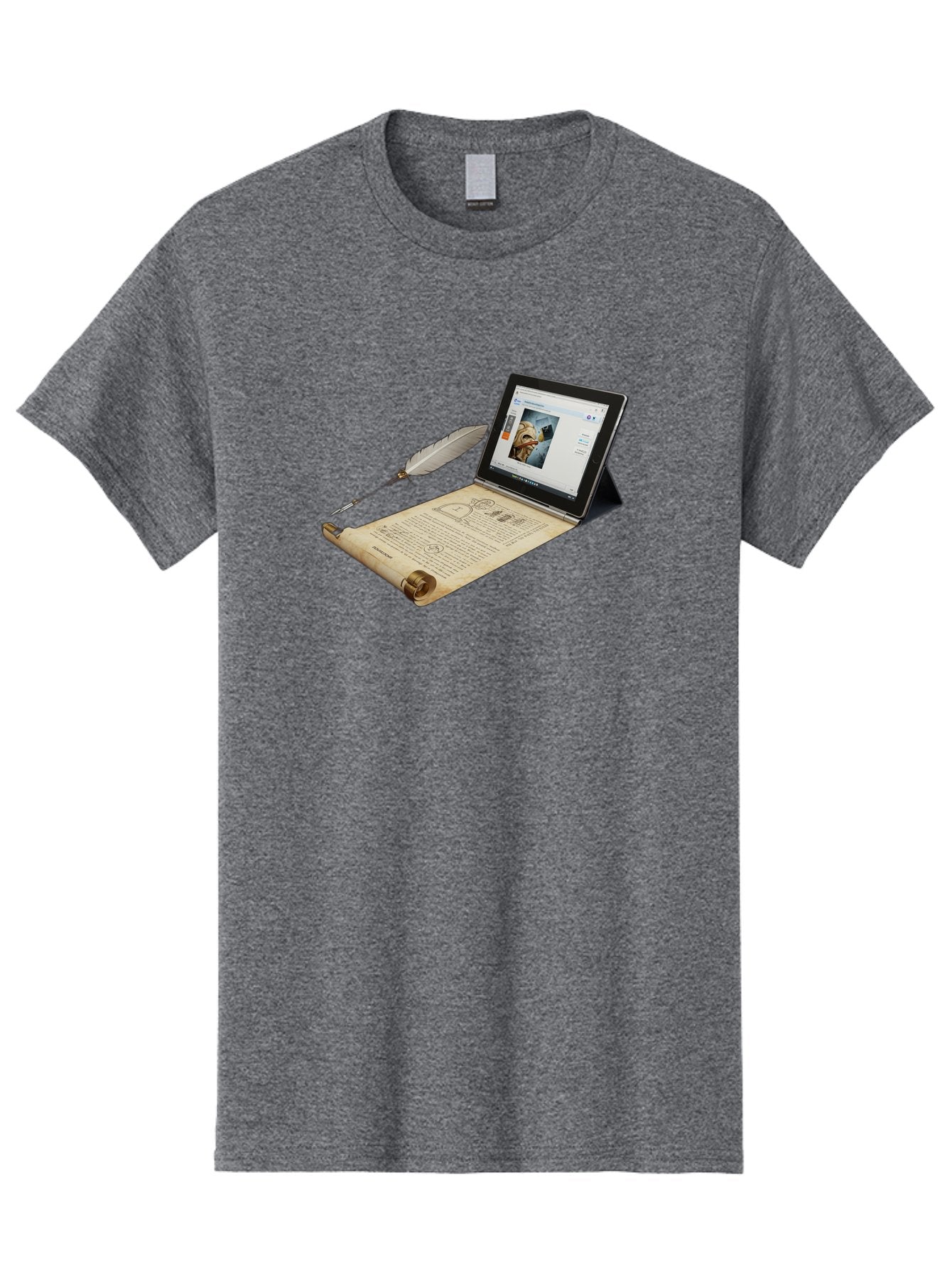 Laptop-Emerging-From-Scroll-With-Quill-Pen Men'S Graphic Tee, 100% Cotton, Comfortable Casual Summer Wear, Machine Washable, Vintage Camera, Old Camera, Antique Camera, Black Camera, Classic Photography, Photography Equipment, Bag679 5