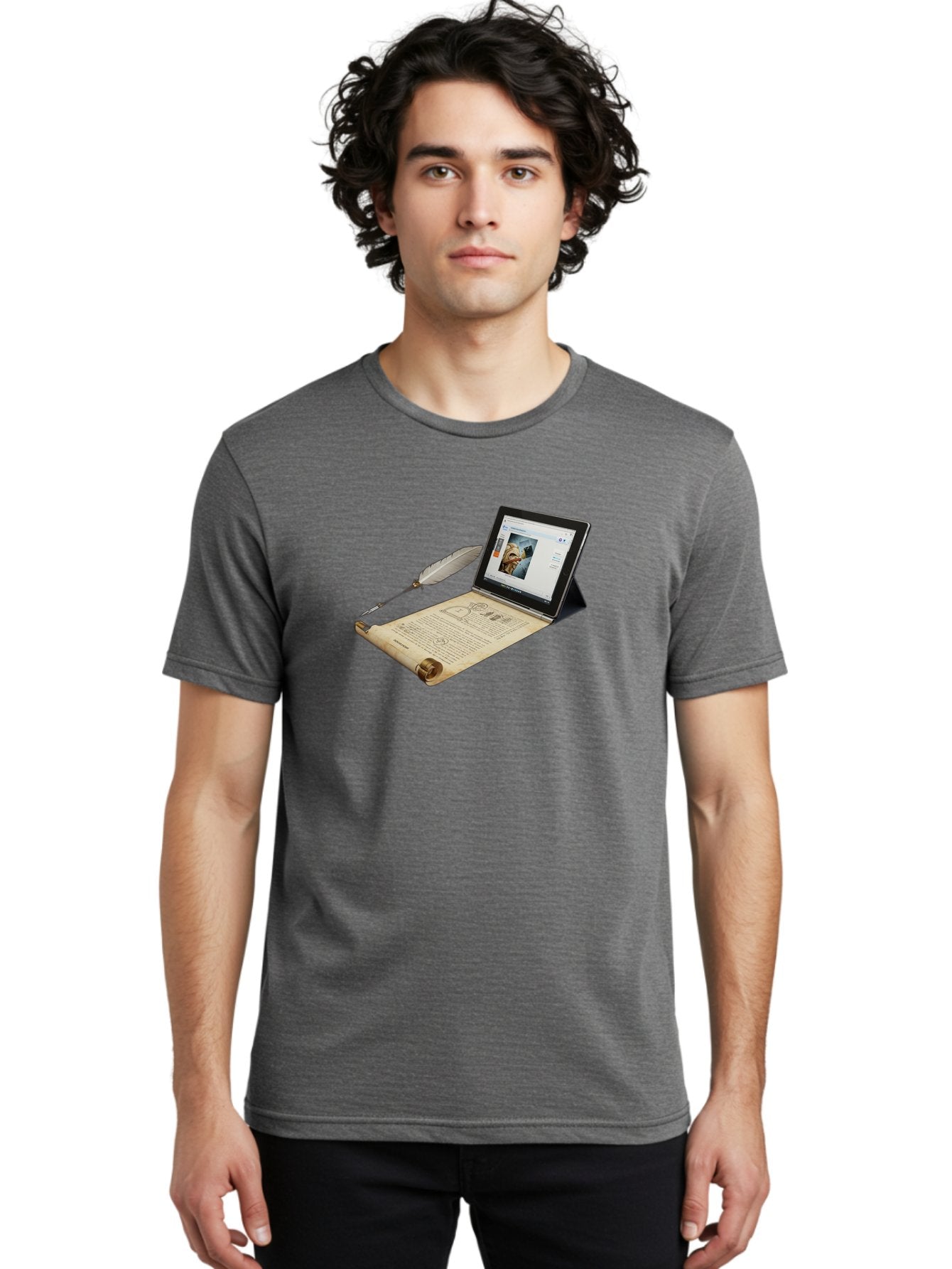 Laptop-Emerging-From-Scroll-With-Quill-Pen Men'S Graphic Tee, 100% Cotton, Comfortable Casual Summer Wear, Machine Washable, Vintage Camera, Old Camera, Antique Camera, Black Camera, Classic Photography, Photography Equipment, Bag679 23