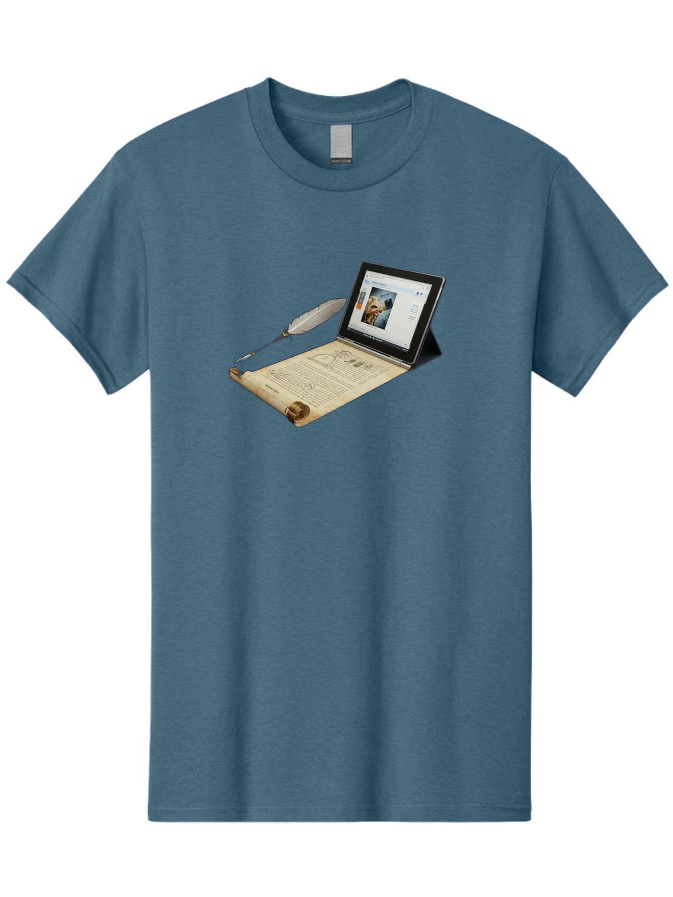 Laptop-Emerging-From-Scroll-With-Quill-Pen Men'S Graphic Tee, 100% Cotton, Comfortable Casual Summer Wear, Machine Washable, Vintage Camera, Old Camera, Antique Camera, Black Camera, Classic Photography, Photography Equipment, Bag679