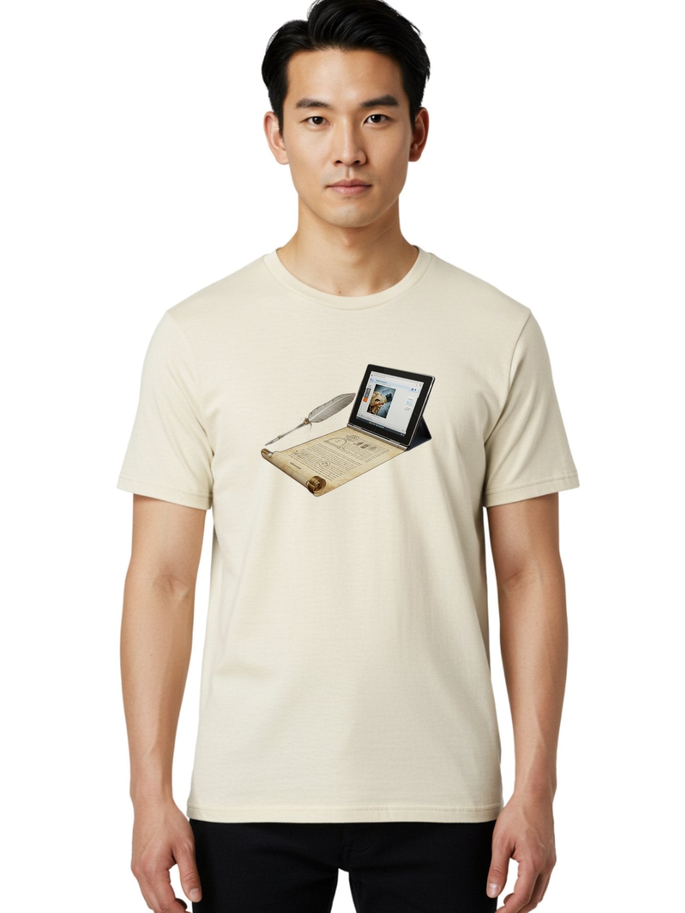 Laptop-Emerging-From-Scroll-With-Quill-Pen Men'S Graphic Tee, 100% Cotton, Comfortable Casual Summer Wear, Machine Washable, Vintage Camera, Old Camera, Antique Camera, Black Camera, Classic Photography, Photography Equipment, Bag679 27