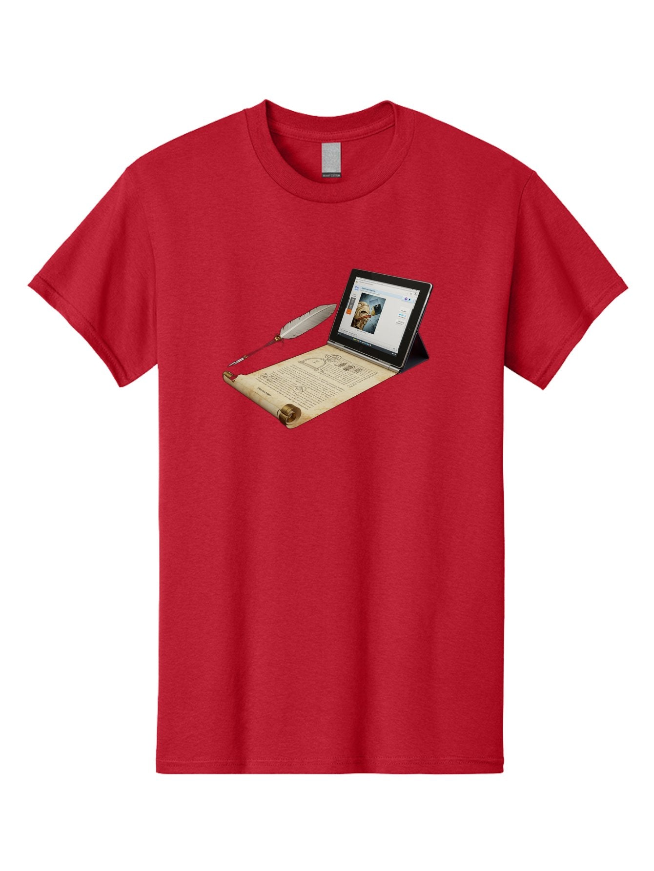 Laptop-Emerging-From-Scroll-With-Quill-Pen Men'S Graphic Tee, 100% Cotton, Comfortable Casual Summer Wear, Machine Washable, Vintage Camera, Old Camera, Antique Camera, Black Camera, Classic Photography, Photography Equipment, Bag679 3