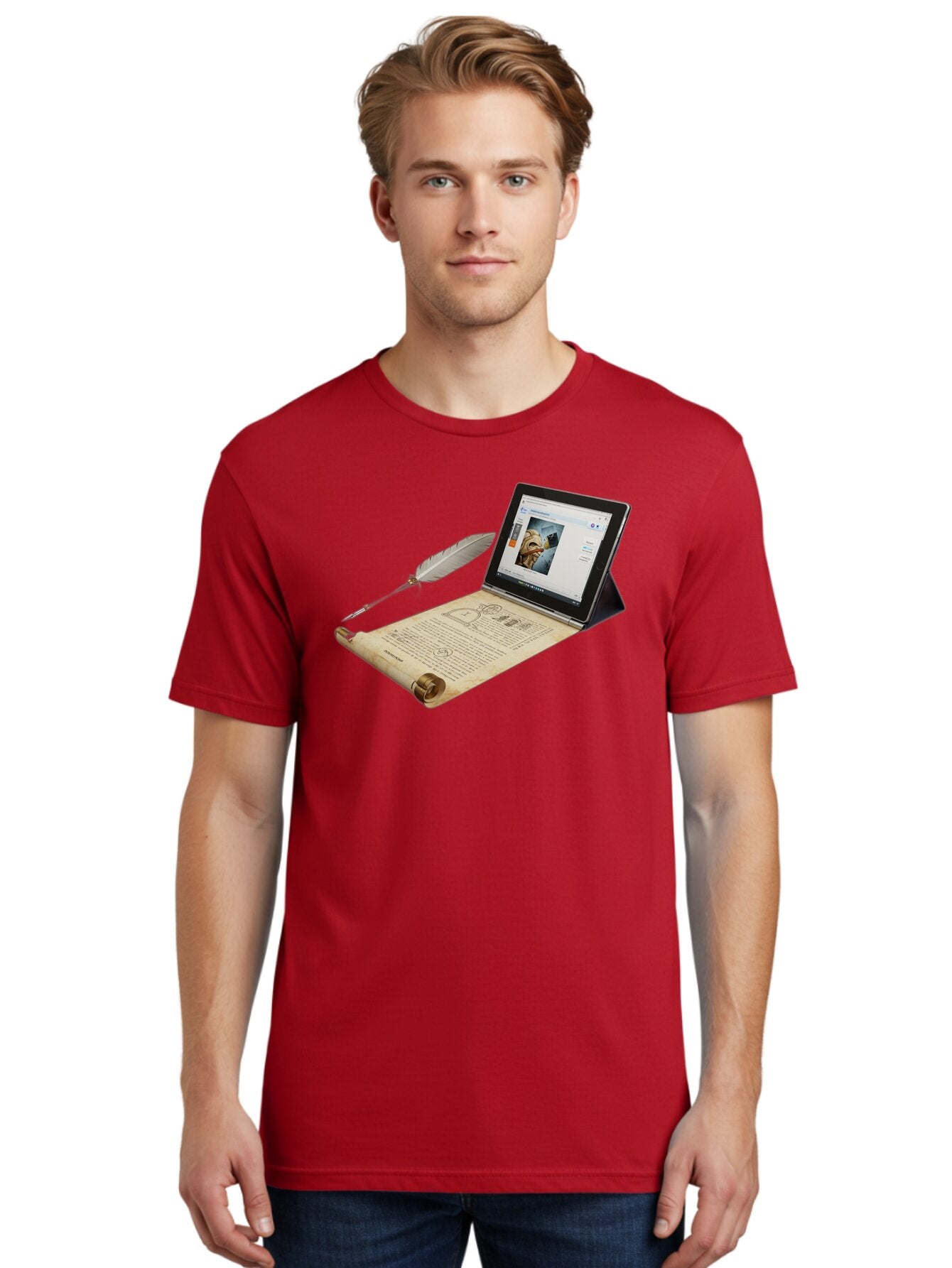 Laptop-Emerging-From-Scroll-With-Quill-Pen Men'S Graphic Tee, 100% Cotton, Comfortable Casual Summer Wear, Machine Washable, Vintage Camera, Old Camera, Antique Camera, Black Camera, Classic Photography, Photography Equipment, Bag679 22