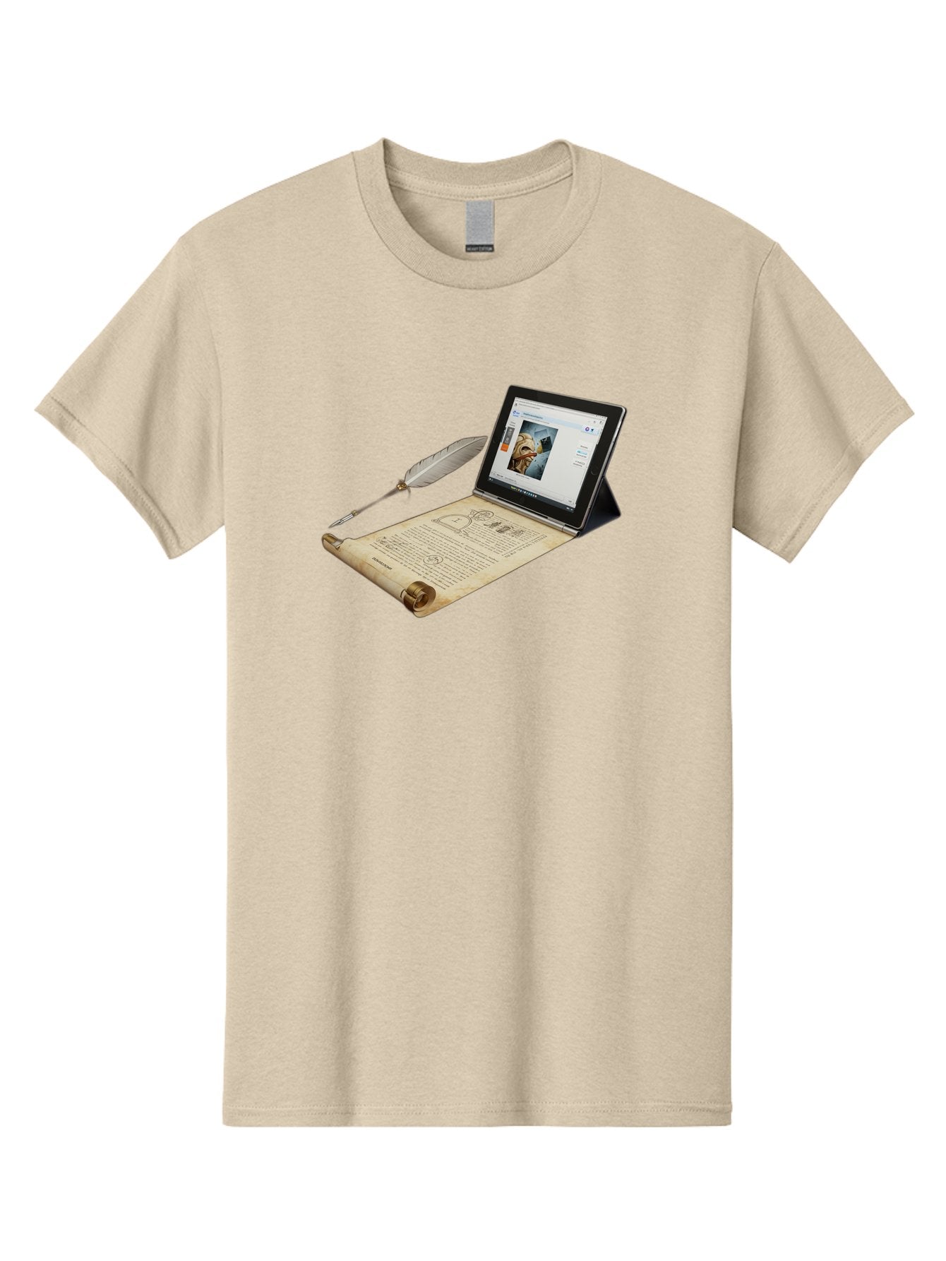 Laptop-Emerging-From-Scroll-With-Quill-Pen Men'S Graphic Tee, 100% Cotton, Comfortable Casual Summer Wear, Machine Washable, Vintage Camera, Old Camera, Antique Camera, Black Camera, Classic Photography, Photography Equipment, Bag679