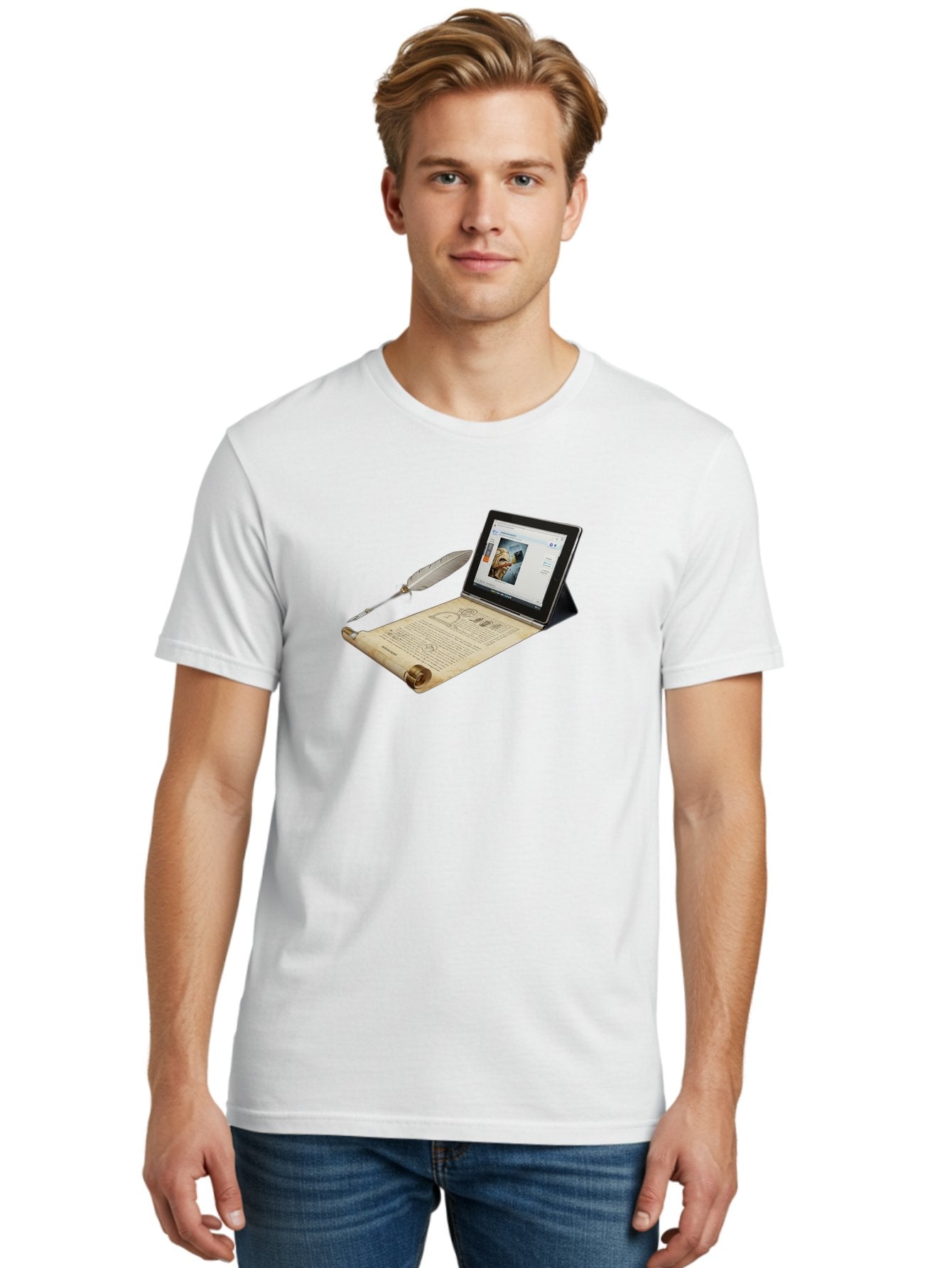 Laptop-Emerging-From-Scroll-With-Quill-Pen Men'S Graphic Tee, 100% Cotton, Comfortable Casual Summer Wear, Machine Washable, Vintage Camera, Old Camera, Antique Camera, Black Camera, Classic Photography, Photography Equipment, Bag679 18