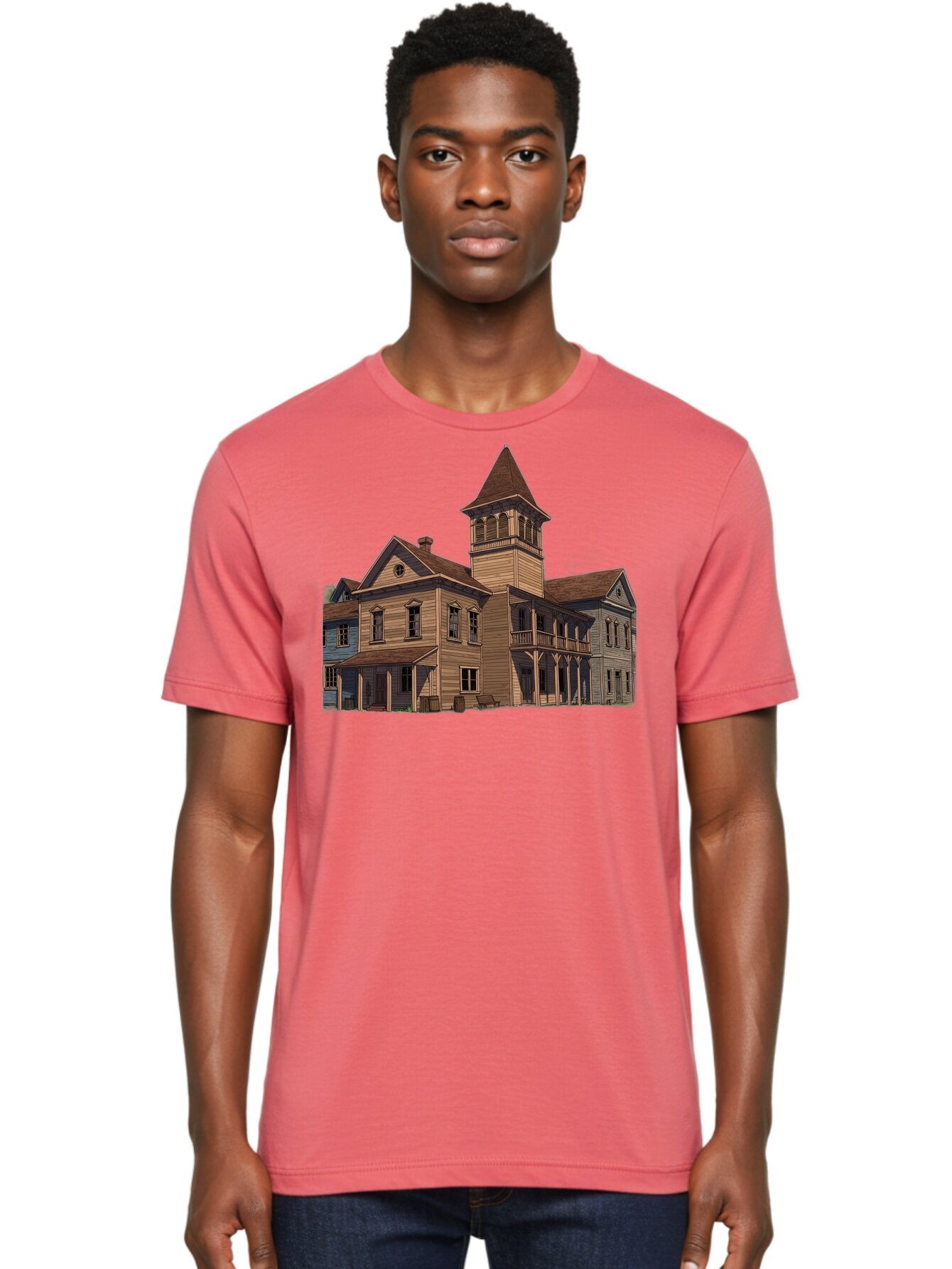 Large-Building-With-Tower Men'S Graphic Tee, 100% Cotton, Comfortable Casual Summer Wear, Machine Washable, Vintage Camera, Old Camera, Antique Camera, Black Camera, Classic Photography, Photography Equipment, Nostalgic Device, Film Camera, Bag680 16
