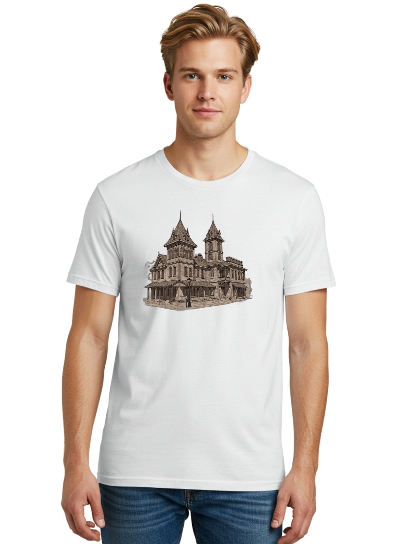 Large-Victorian-Style-Mansion Men'S Graphic Tee, 100% Cotton, Comfortable Casual Summer Wear, Machine Washable, Vintage Camera, Old Camera, Antique Camera, Black Camera, Classic Photography, Photography Equipment, Nostalgic Device, Bag681 29
