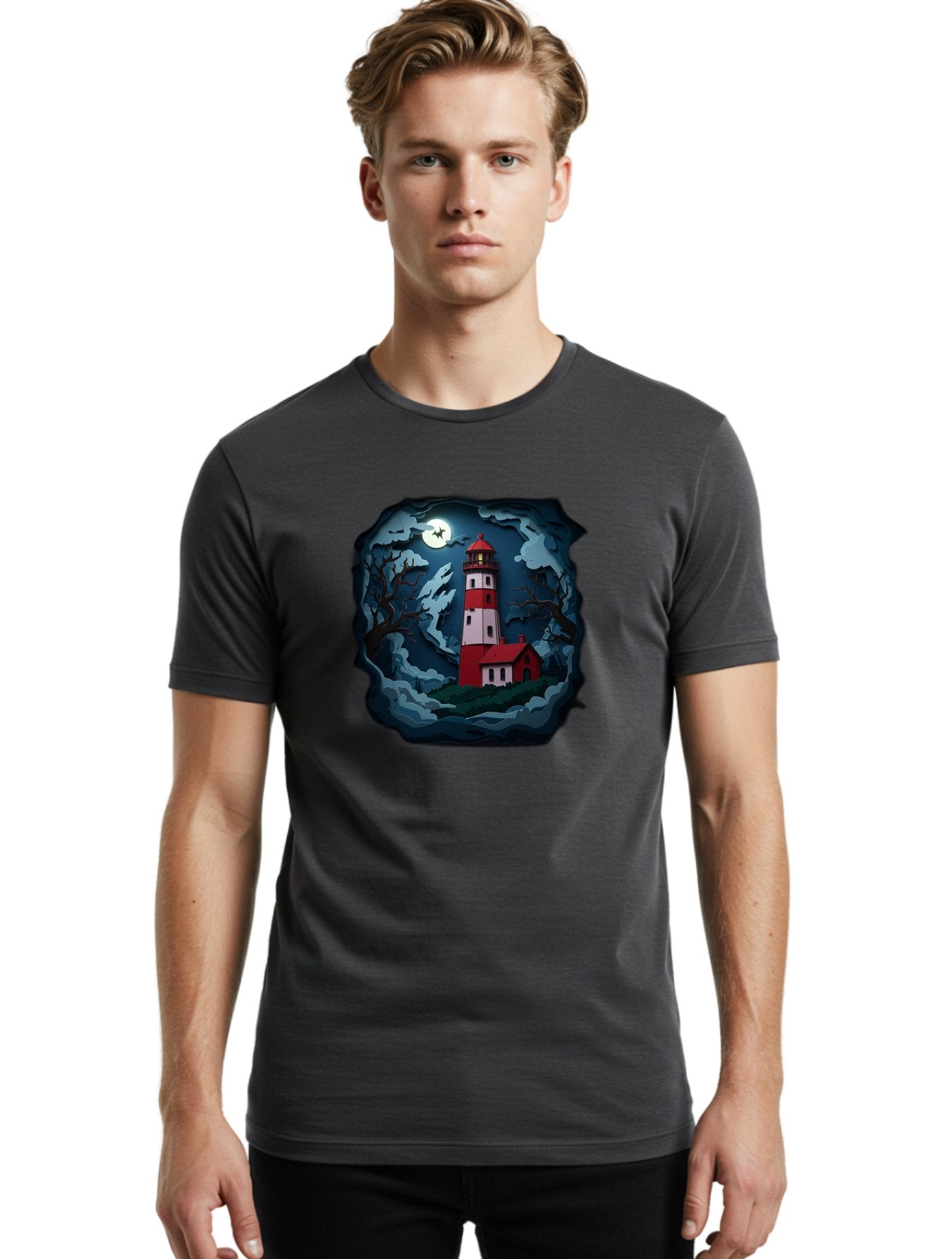 Lighthouse-At-Night Men'S Graphic Tee, 100% Cotton, Comfortable Casual Summer Wear, Machine Washable, Vintage Camera, Old Camera, Antique Camera, Black Camera, Classic Photography, Photography Equipment, Nostalgic Device, Film Camera, Bag715 21