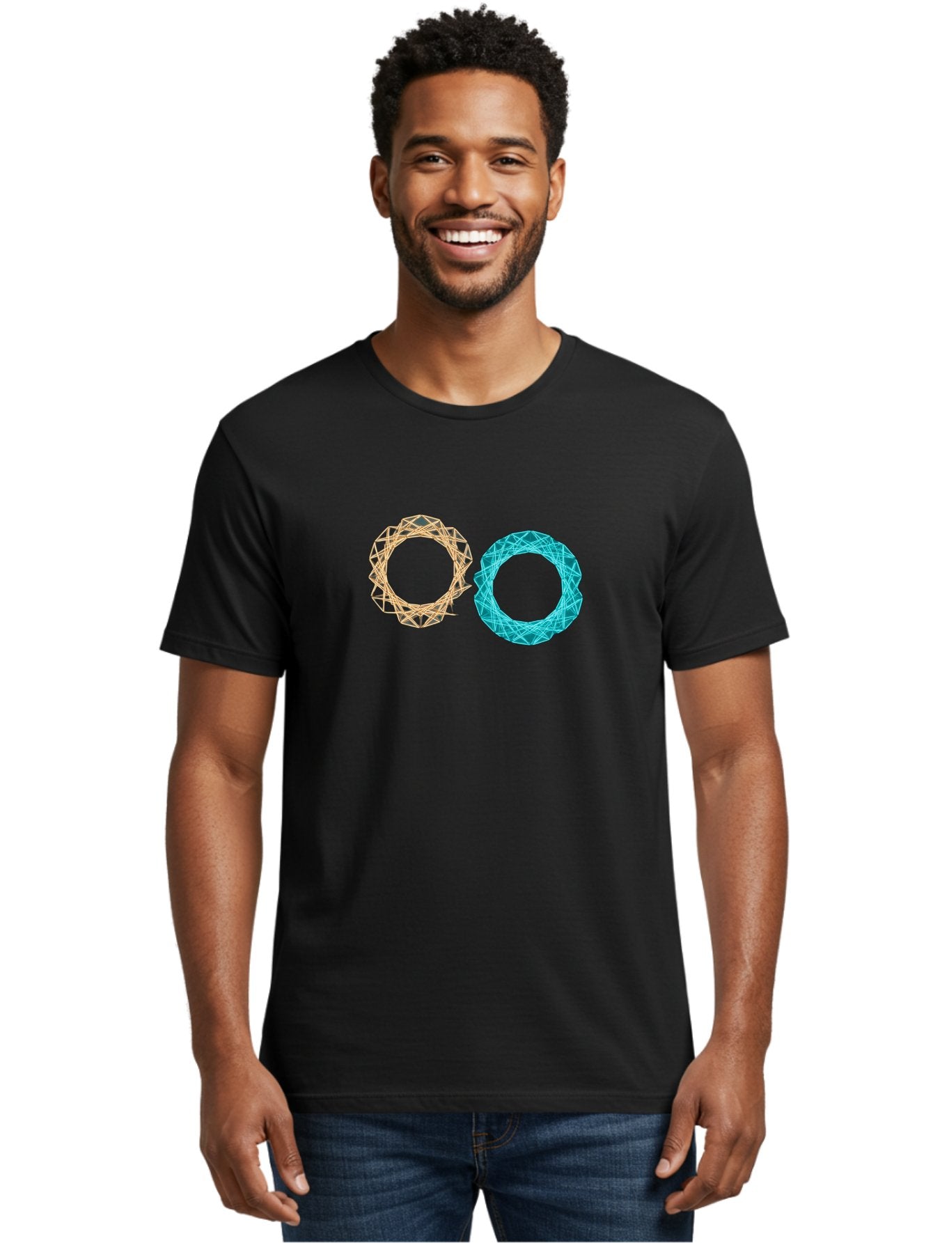 Orange-And-Blue-Wireframe-Circles Men'S Graphic Tee, 100% Cotton, Comfortable Casual Summer Wear, Machine Washable, Vintage Camera, Old Camera, Antique Camera, Black Camera, Classic Photography, Photography Equipment, Nostalgic Device, Bag881 23