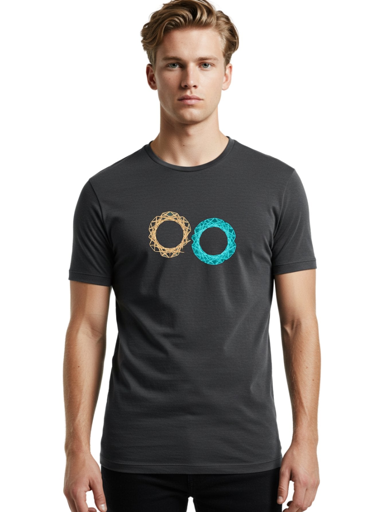 Orange-And-Blue-Wireframe-Circles Men'S Graphic Tee, 100% Cotton, Comfortable Casual Summer Wear, Machine Washable, Vintage Camera, Old Camera, Antique Camera, Black Camera, Classic Photography, Photography Equipment, Nostalgic Device, Bag881 27