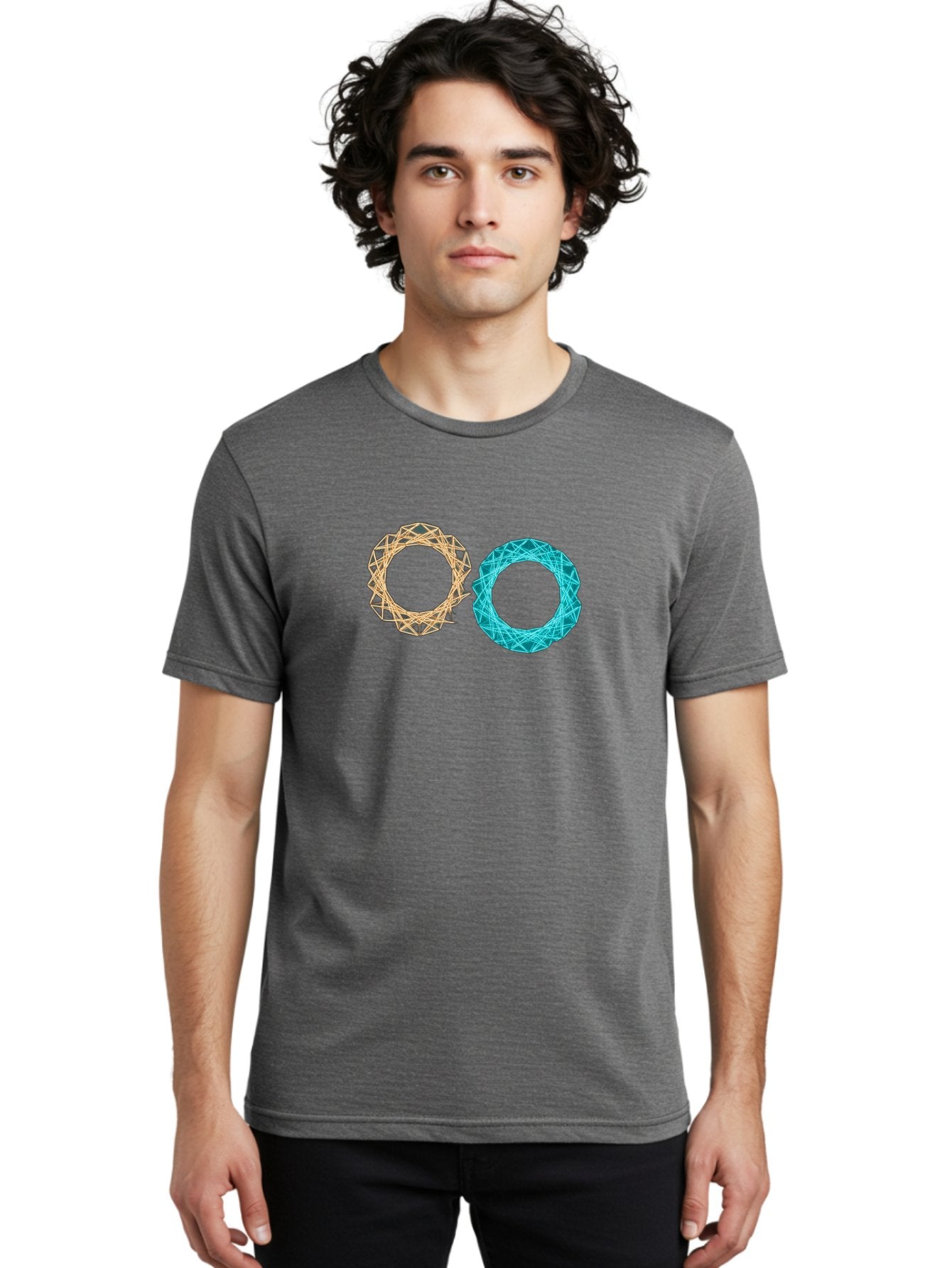 Orange-And-Blue-Wireframe-Circles Men'S Graphic Tee, 100% Cotton, Comfortable Casual Summer Wear, Machine Washable, Vintage Camera, Old Camera, Antique Camera, Black Camera, Classic Photography, Photography Equipment, Nostalgic Device, Bag881 30