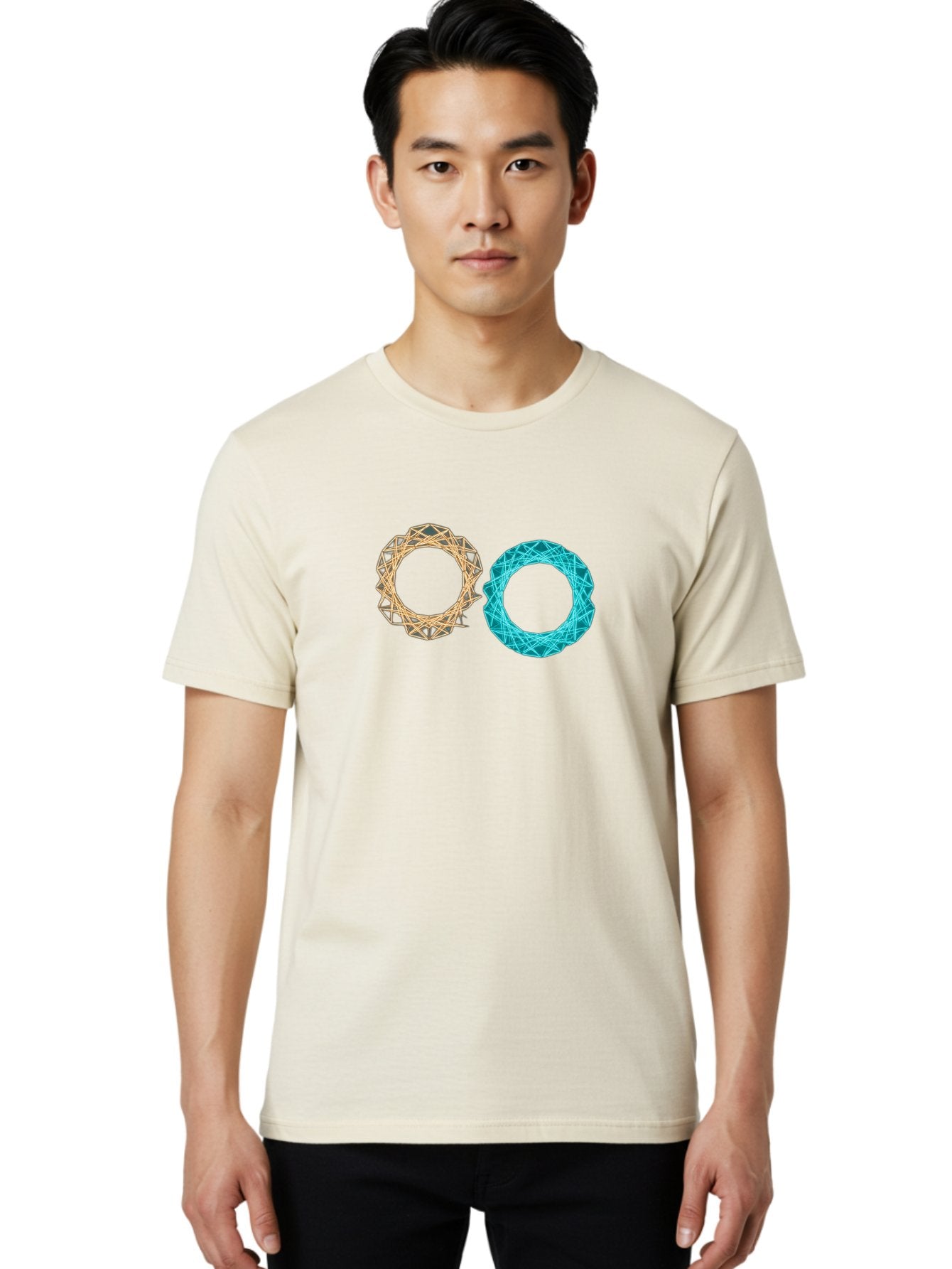 Orange-And-Blue-Wireframe-Circles Men'S Graphic Tee, 100% Cotton, Comfortable Casual Summer Wear, Machine Washable, Vintage Camera, Old Camera, Antique Camera, Black Camera, Classic Photography, Photography Equipment, Nostalgic Device, Bag881 25