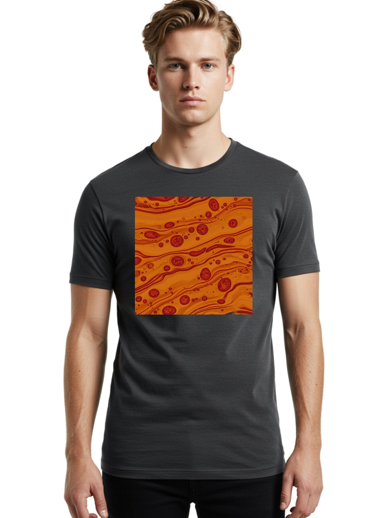 Orange-Marble-Pattern Men'S Graphic Tee, 100% Cotton, Comfortable Casual Summer Wear, Machine Washable, Vintage Camera, Old Camera, Antique Camera, Black Camera, Classic Photography, Photography Equipment, Nostalgic Device, Film Camera, Bag885 24