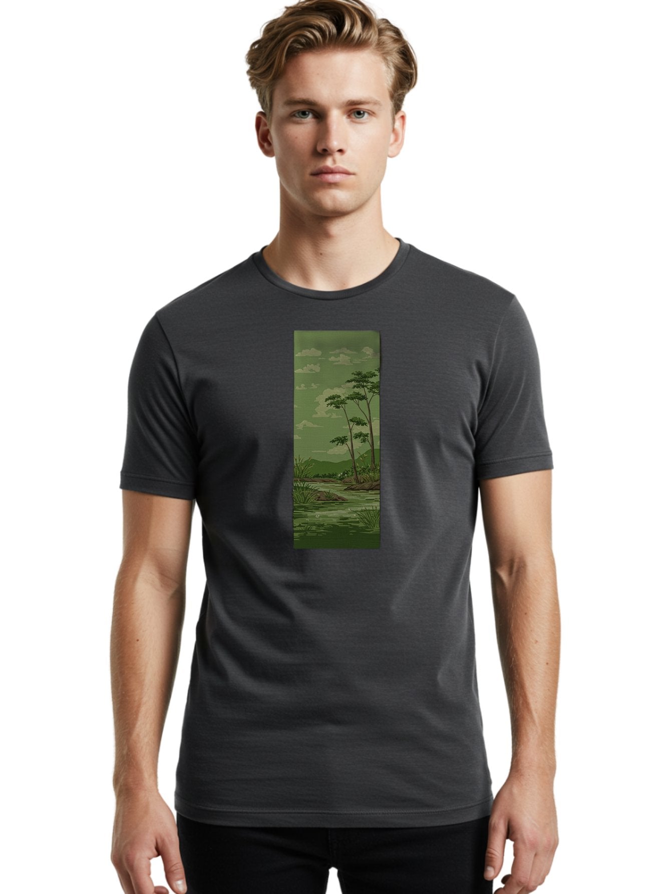 River-Landscape Men'S Graphic Tee, 100% Cotton, Comfortable Casual Summer Wear, Machine Washable, Vintage Camera, Old Camera, Antique Camera, Black Camera, Classic Photography, Photography Equipment, Nostalgic Device, Film Camera, Camera Art Bah027 21