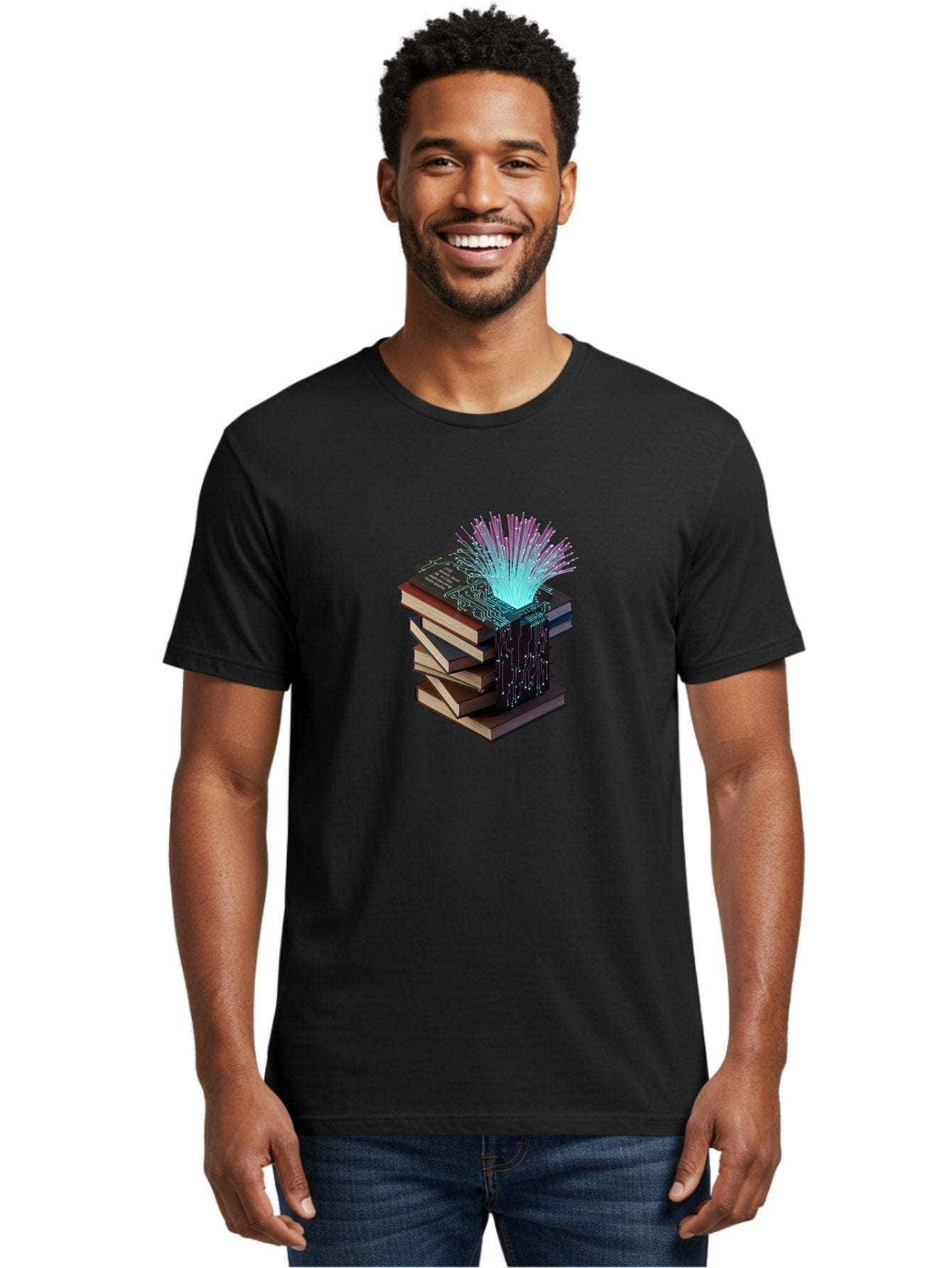 Stacked-Books-With-Circuit-Board-And-Data-Streams Men'S Graphic Tee, 100% Cotton, Comfortable Casual Summer Wear, Machine Washable, Vintage Camera, Old Camera, Antique Camera, Black Camera, Classic Photography, Photography Equipment, Bah172 30