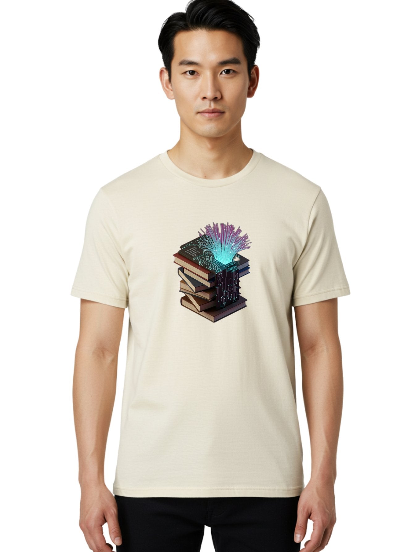 Stacked-Books-With-Circuit-Board-And-Data-Streams Men'S Graphic Tee, 100% Cotton, Comfortable Casual Summer Wear, Machine Washable, Vintage Camera, Old Camera, Antique Camera, Black Camera, Classic Photography, Photography Equipment, Bah172 17