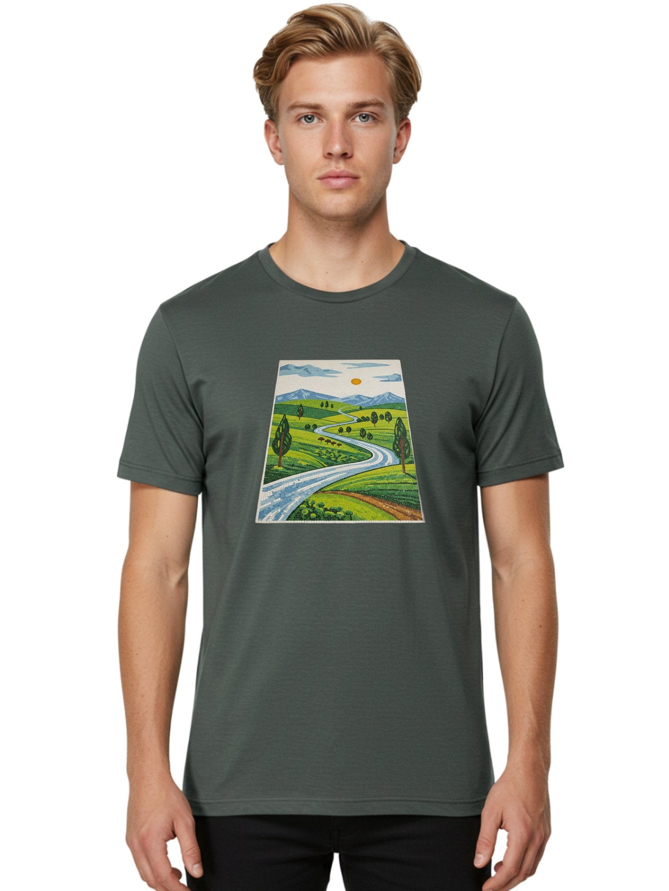 Winding-Road-Landscape Men'S Graphic Tee, 100% Cotton, Comfortable Casual Summer Wear, Machine Washable, Vintage Camera, Old Camera, Antique Camera, Black Camera, Classic Photography, Photography Equipment, Nostalgic Device, Film Camera, Bah384 27