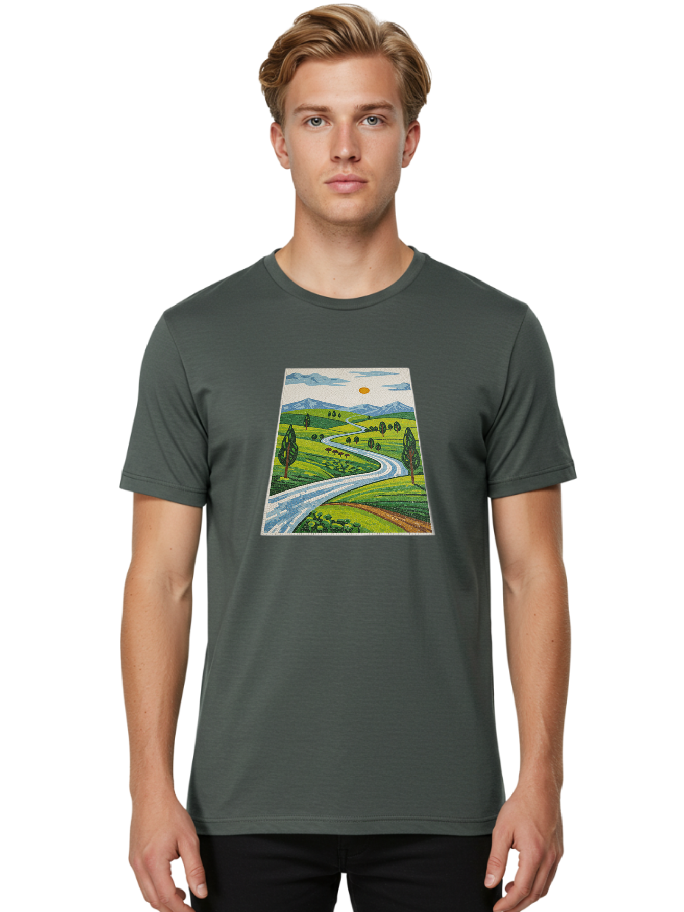 Winding-Road-Landscape Men'S Graphic Tee, 100% Cotton, Comfortable Casual Summer Wear, Machine Washable, Vintage Camera, Old Camera, Antique Camera, Black Camera, Classic Photography, Photography Equipment, Nostalgic Device, Film Camera, Bah384 19