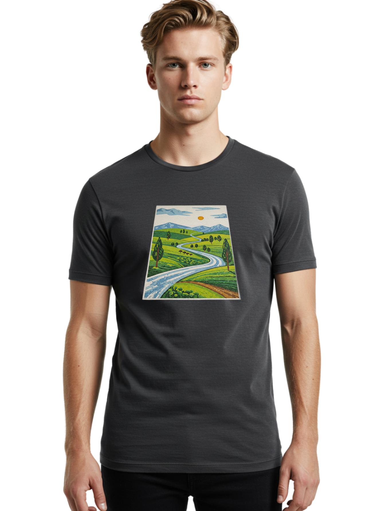 Winding-Road-Landscape Men'S Graphic Tee, 100% Cotton, Comfortable Casual Summer Wear, Machine Washable, Vintage Camera, Old Camera, Antique Camera, Black Camera, Classic Photography, Photography Equipment, Nostalgic Device, Film Camera, Bah384 21