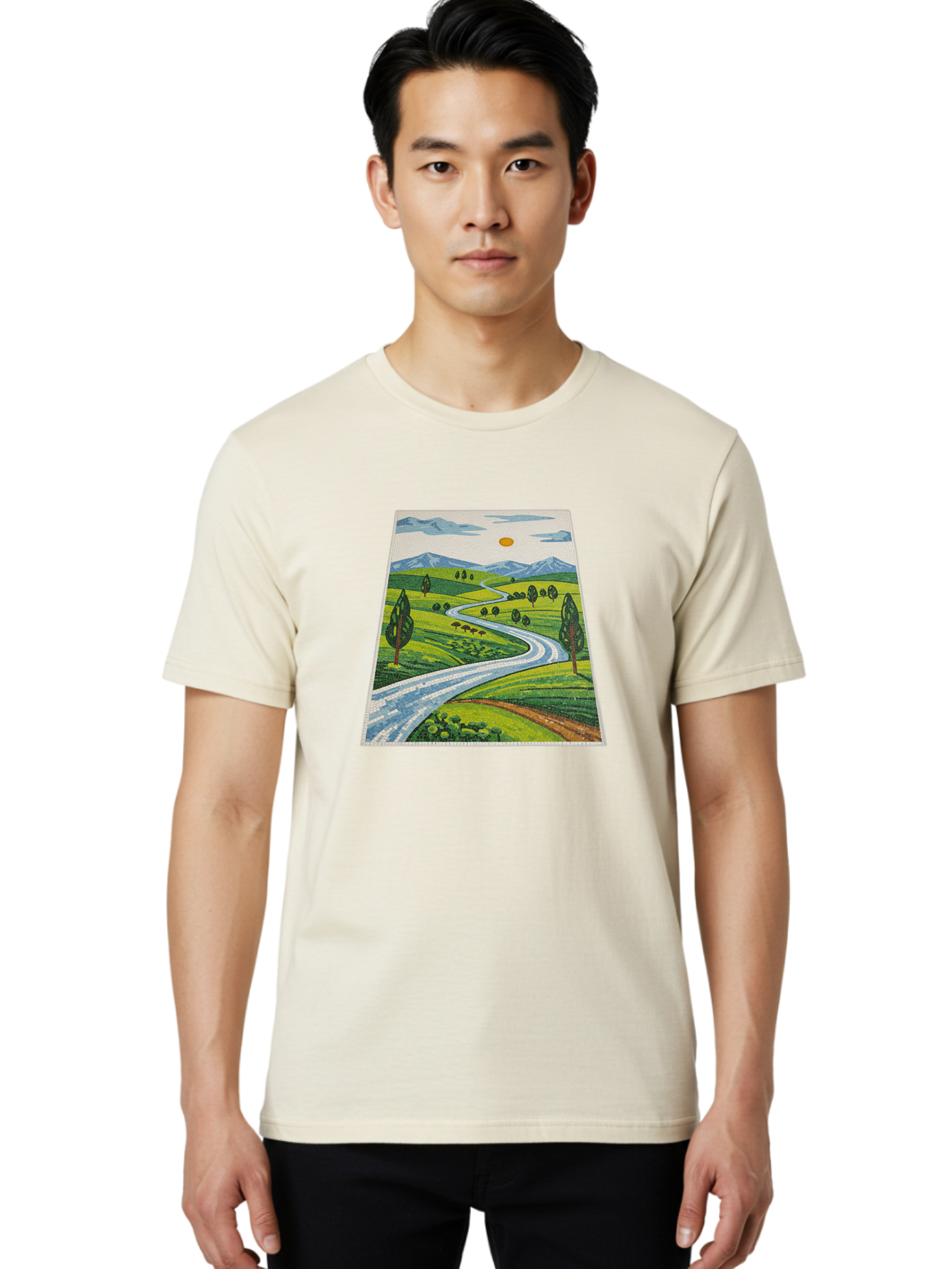 Winding-Road-Landscape Men'S Graphic Tee, 100% Cotton, Comfortable Casual Summer Wear, Machine Washable, Vintage Camera, Old Camera, Antique Camera, Black Camera, Classic Photography, Photography Equipment, Nostalgic Device, Film Camera, Bah384 25