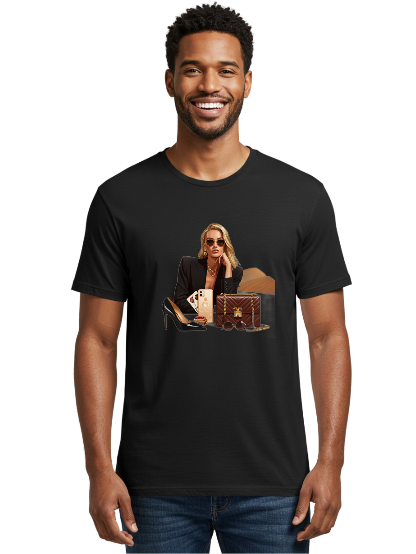 Woman-With-Luxury-Accessories Men'S Graphic Tee, 100% Cotton, Comfortable Casual Summer Wear, Machine Washable, Vintage Camera, Old Camera, Antique Camera, Black Camera, Classic Photography, Photography Equipment, Nostalgic Device, Bah395 24
