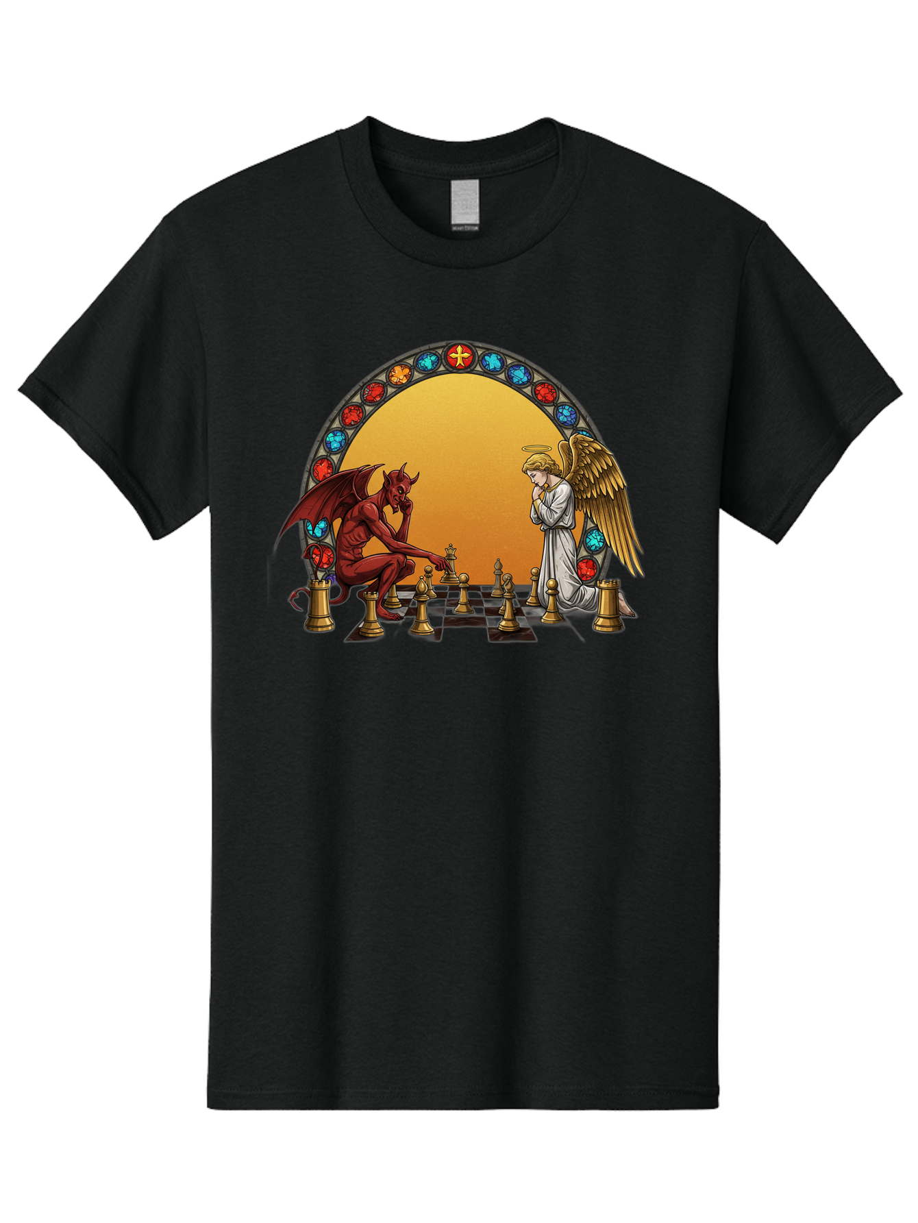 Angel-Vs-Devil-Chess-1 Men'S Graphic Tee, 100% Cotton, Comfortable Casual Summer Wear, Machine Washable, Vintage Camera, Old Camera, Antique Camera, Black Camera, Classic Photography, Photography Equipment, Nostalgic Device, Film Camera, Bah426 8