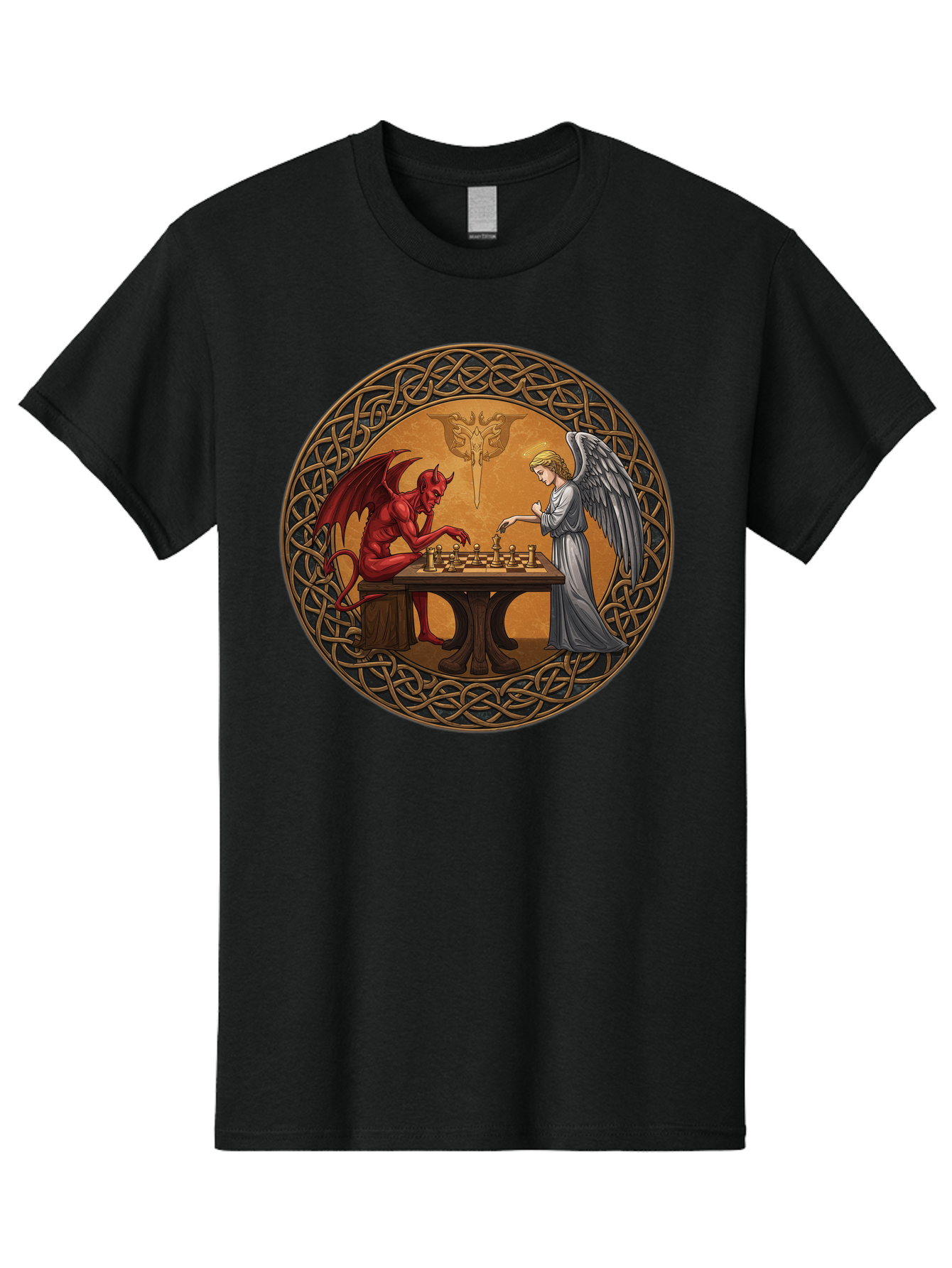 Angel-Vs-Devil-Chess-2 Men'S Graphic Tee, 100% Cotton, Comfortable Casual Summer Wear, Machine Washable, Vintage Camera, Old Camera, Antique Camera, Black Camera, Classic Photography, Photography Equipment, Nostalgic Device, Film Camera, Bah427 4