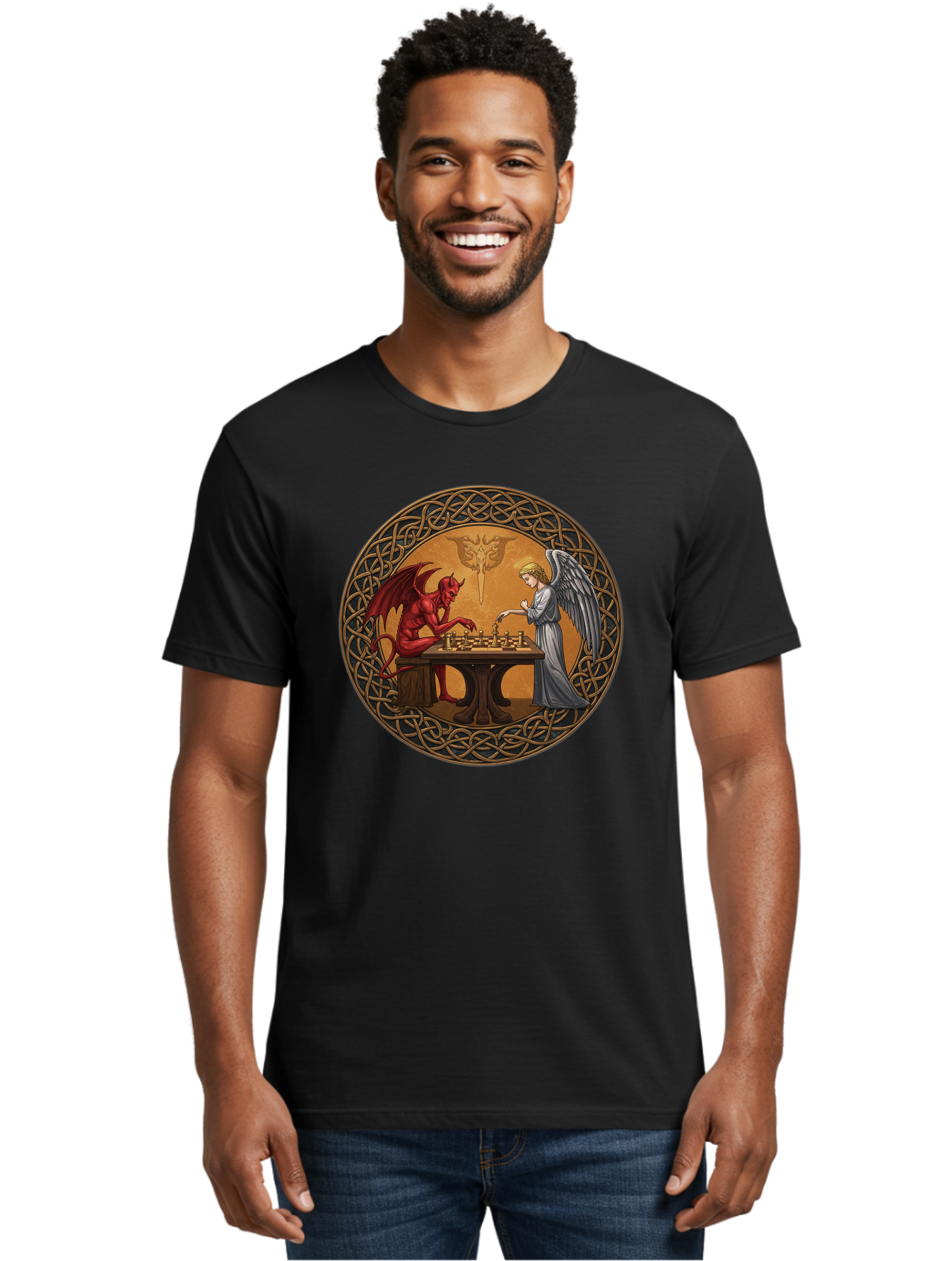 Angel-Vs-Devil-Chess-2 Men'S Graphic Tee, 100% Cotton, Comfortable Casual Summer Wear, Machine Washable, Vintage Camera, Old Camera, Antique Camera, Black Camera, Classic Photography, Photography Equipment, Nostalgic Device, Film Camera, Bah427 19