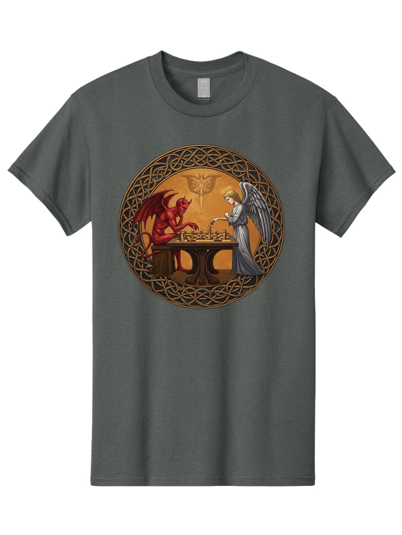 Angel-Vs-Devil-Chess-2 Men'S Graphic Tee, 100% Cotton, Comfortable Casual Summer Wear, Machine Washable, Vintage Camera, Old Camera, Antique Camera, Black Camera, Classic Photography, Photography Equipment, Nostalgic Device, Film Camera, Bah427 15