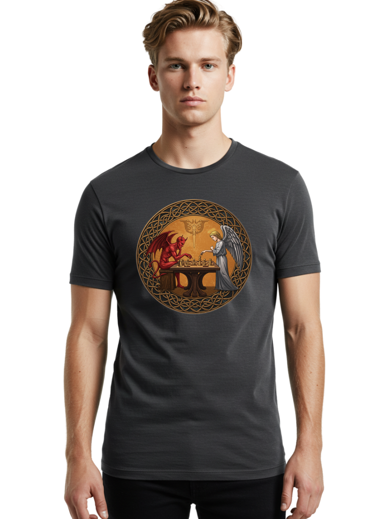 Angel-Vs-Devil-Chess-2 Men'S Graphic Tee, 100% Cotton, Comfortable Casual Summer Wear, Machine Washable, Vintage Camera, Old Camera, Antique Camera, Black Camera, Classic Photography, Photography Equipment, Nostalgic Device, Film Camera, Bah427 28