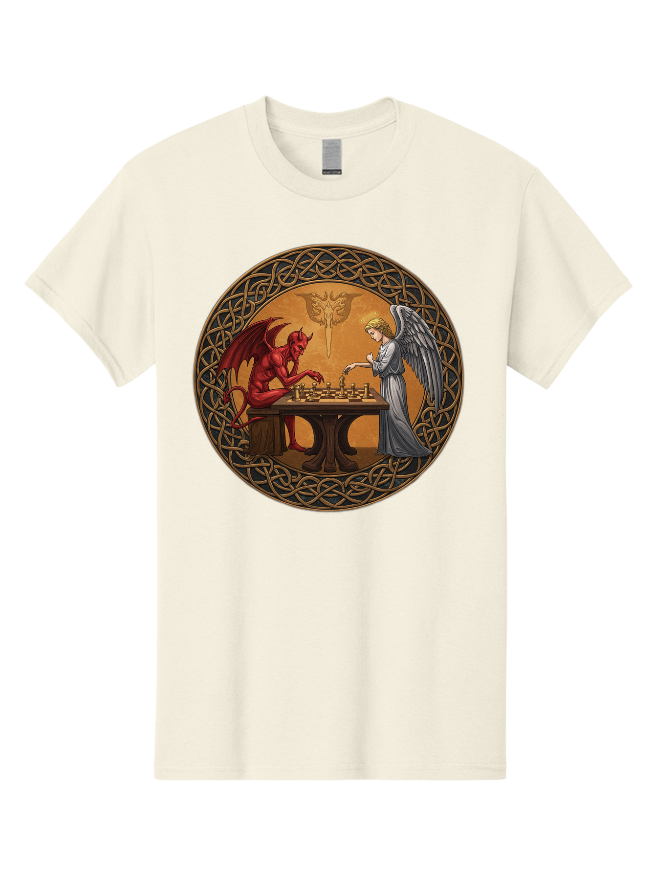 Angel-Vs-Devil-Chess-2 Men'S Graphic Tee, 100% Cotton, Comfortable Casual Summer Wear, Machine Washable, Vintage Camera, Old Camera, Antique Camera, Black Camera, Classic Photography, Photography Equipment, Nostalgic Device, Film Camera, Bah427 5