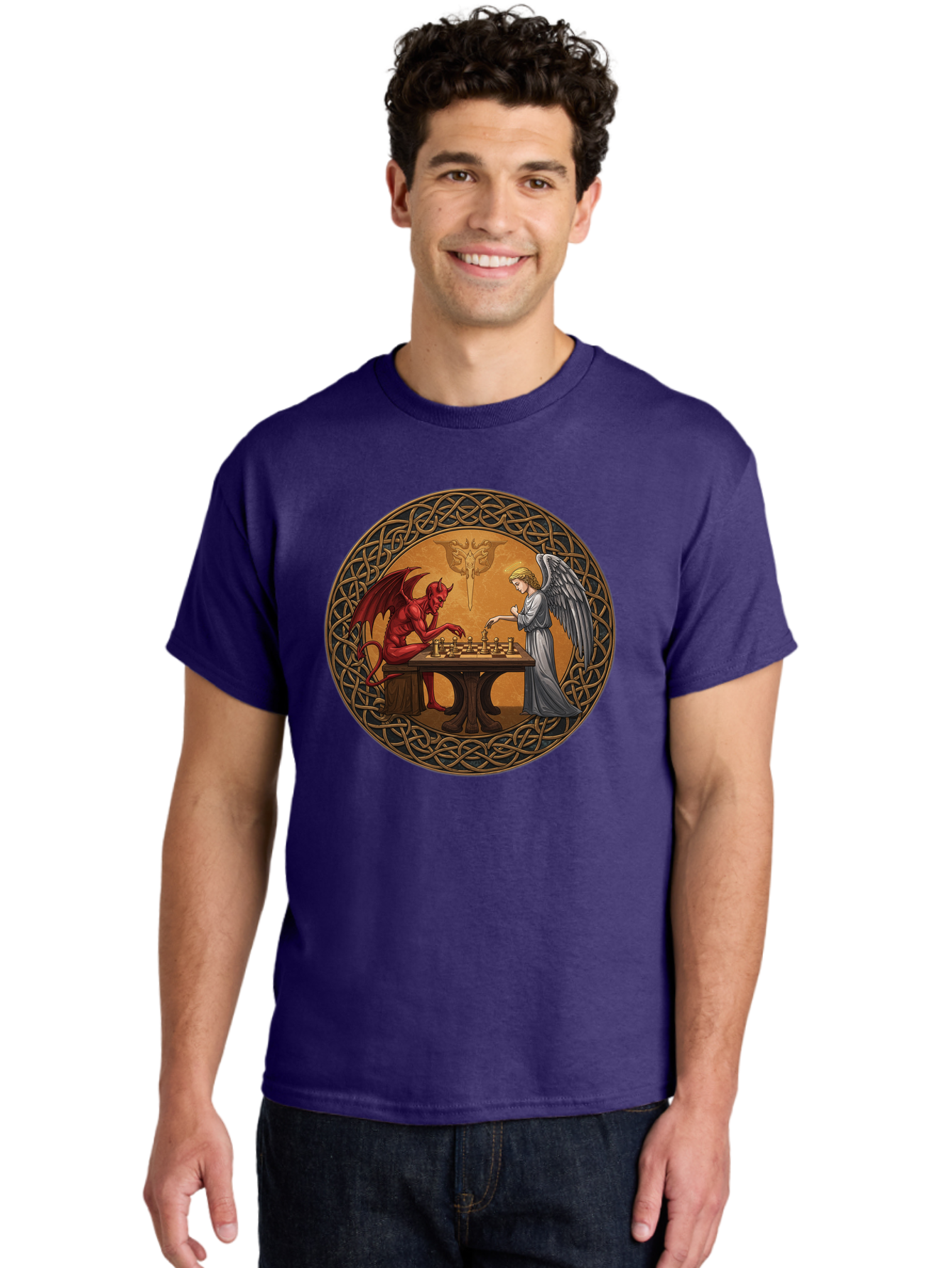 Angel-Vs-Devil-Chess-2 Men'S Graphic Tee, 100% Cotton, Comfortable Casual Summer Wear, Machine Washable, Vintage Camera, Old Camera, Antique Camera, Black Camera, Classic Photography, Photography Equipment, Nostalgic Device, Film Camera, Bah427 30