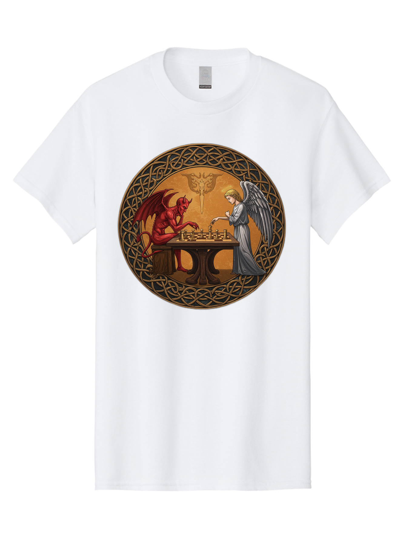 Angel-Vs-Devil-Chess-2 Men'S Graphic Tee, 100% Cotton, Comfortable Casual Summer Wear, Machine Washable, Vintage Camera, Old Camera, Antique Camera, Black Camera, Classic Photography, Photography Equipment, Nostalgic Device, Film Camera, Bah427 7
