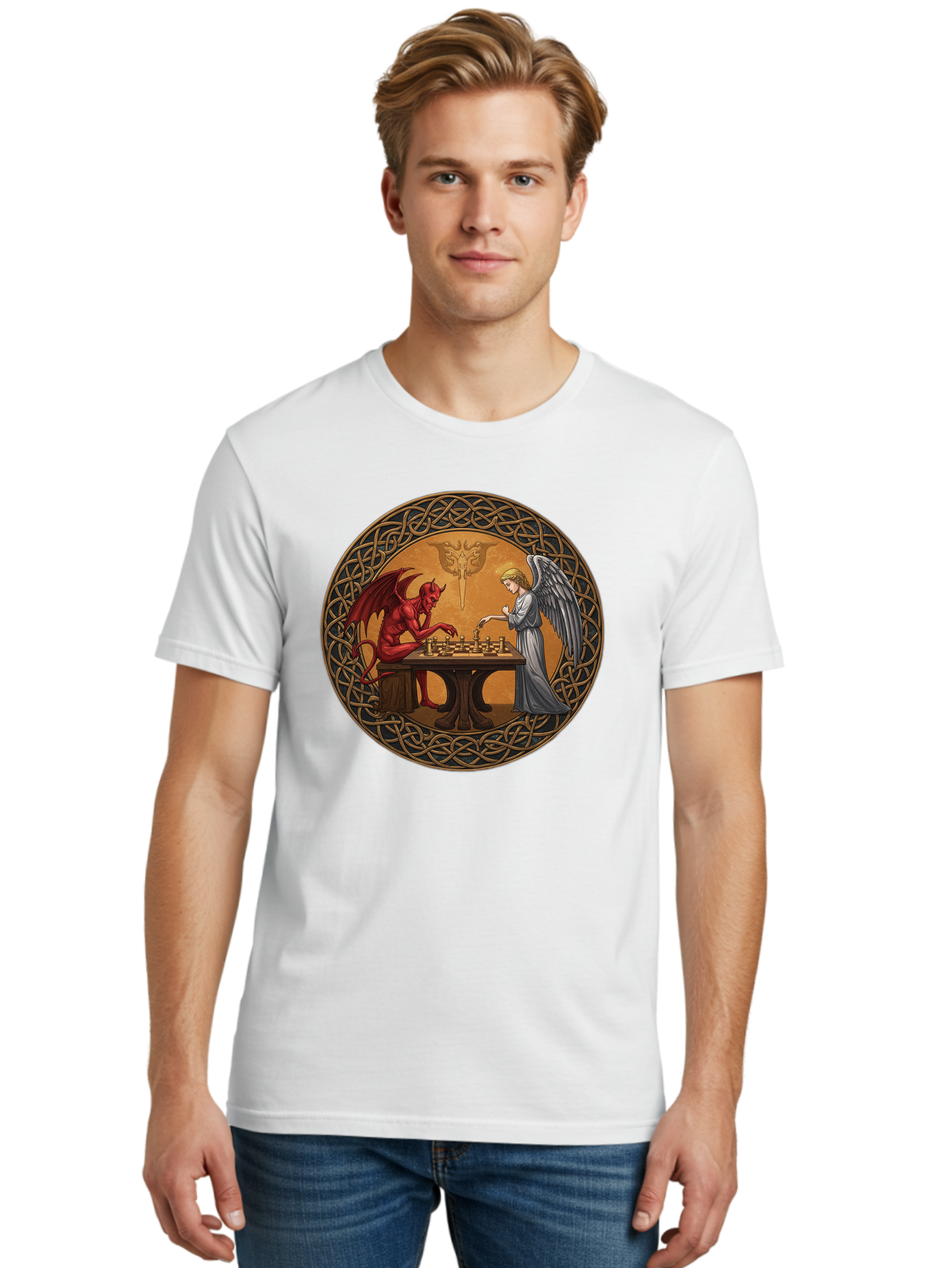 Angel-Vs-Devil-Chess-2 Men'S Graphic Tee, 100% Cotton, Comfortable Casual Summer Wear, Machine Washable, Vintage Camera, Old Camera, Antique Camera, Black Camera, Classic Photography, Photography Equipment, Nostalgic Device, Film Camera, Bah427 22